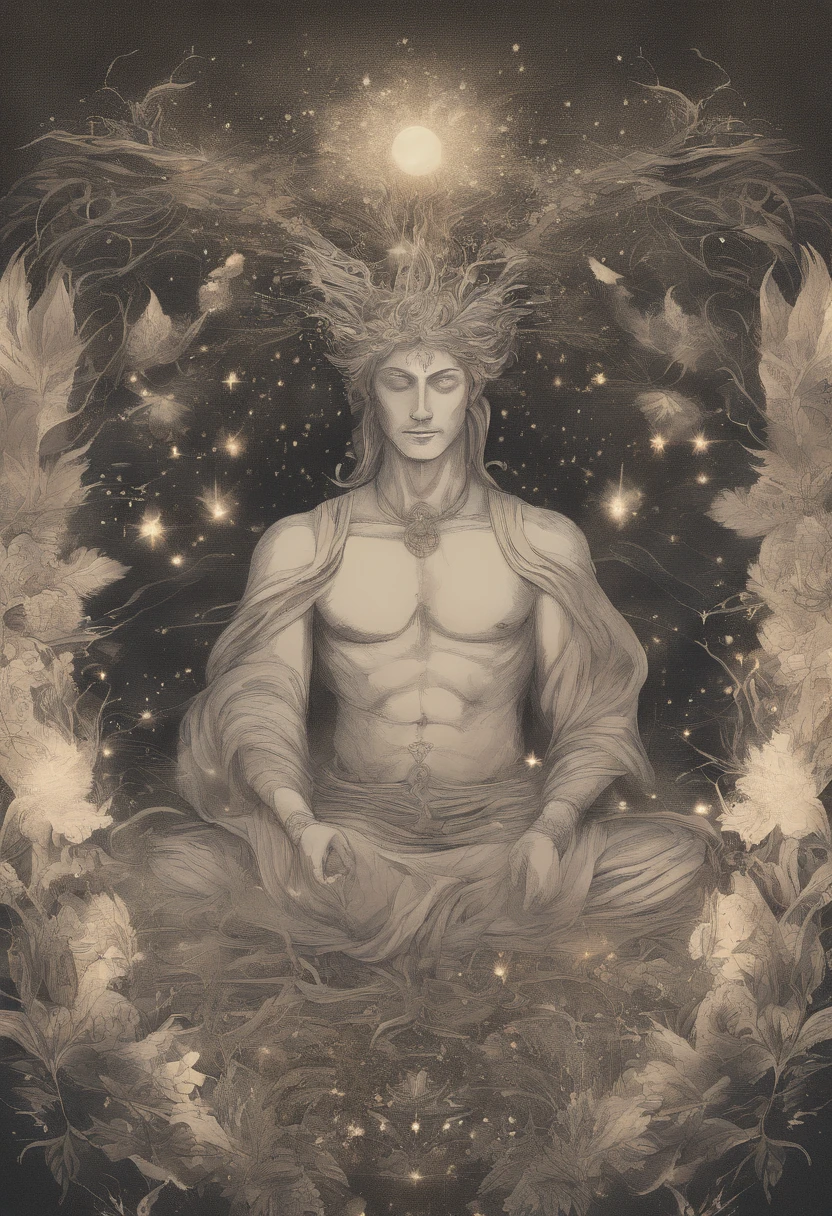 body and face of a man looking straight ahead and meditating, mystical, with a powerful aura surrounding him in the midst of an abundant field.