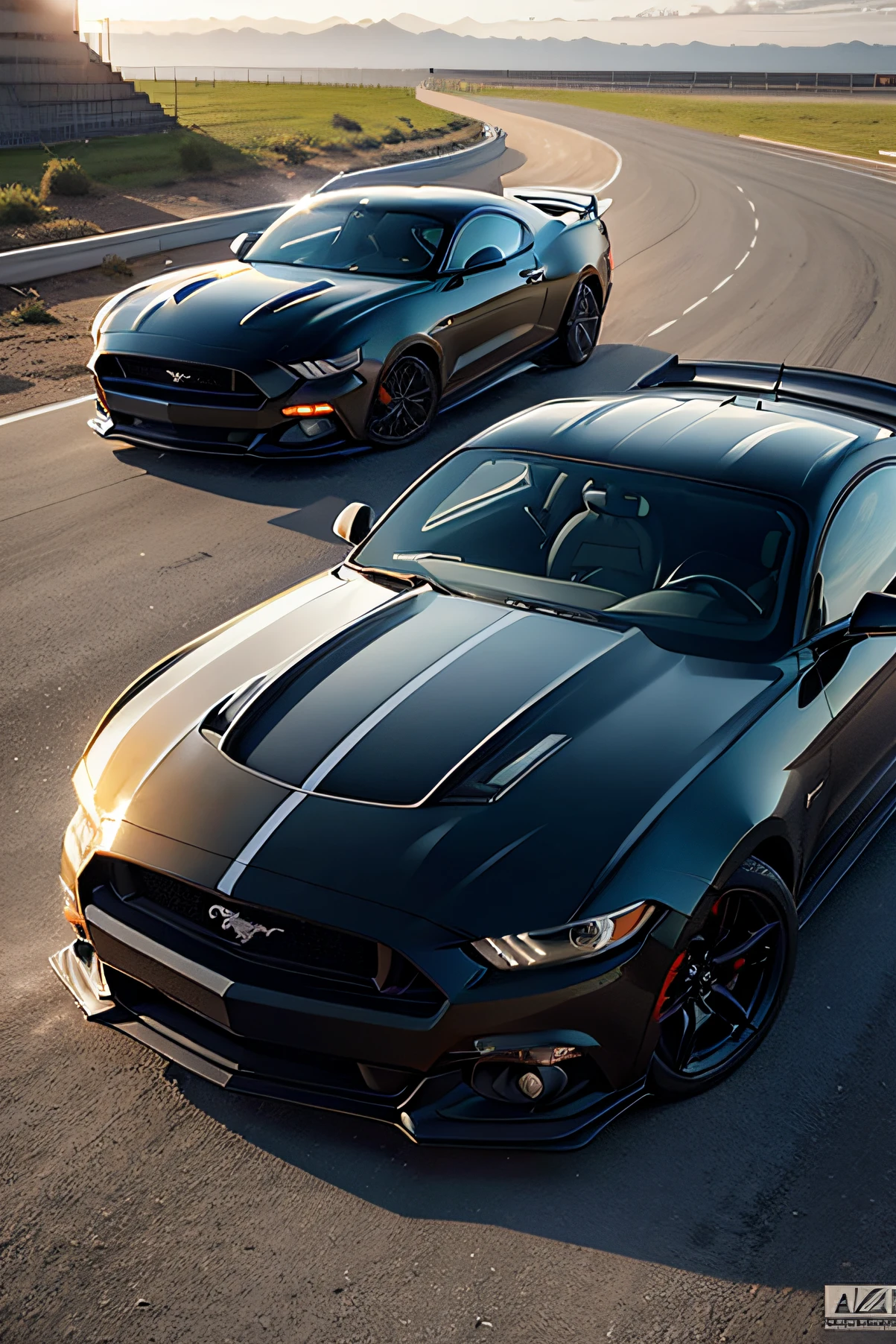 carro mustang 78 preto corrente em uma pista de asfalto em um final de tarde maravilhoso.
