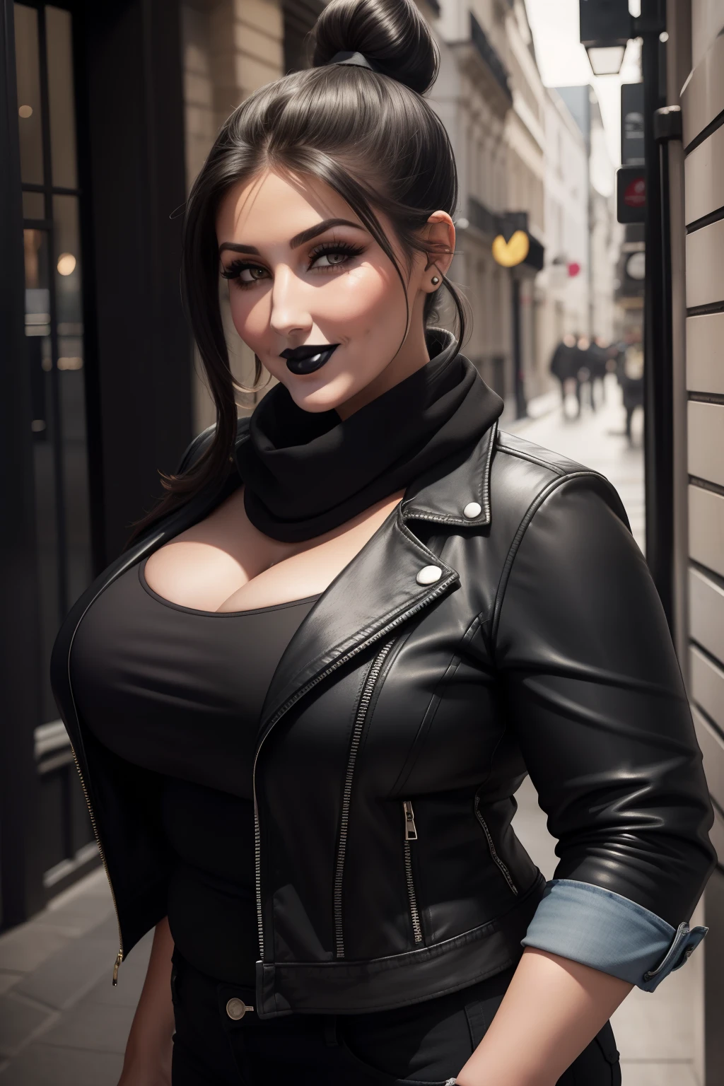 Lucy Pinder, Face portrait, face, neckline, ((black lipstick)), smiling, straight hair, black hair, short hair, short ponytail, bun, jean jacket, black scarf very chubby woman