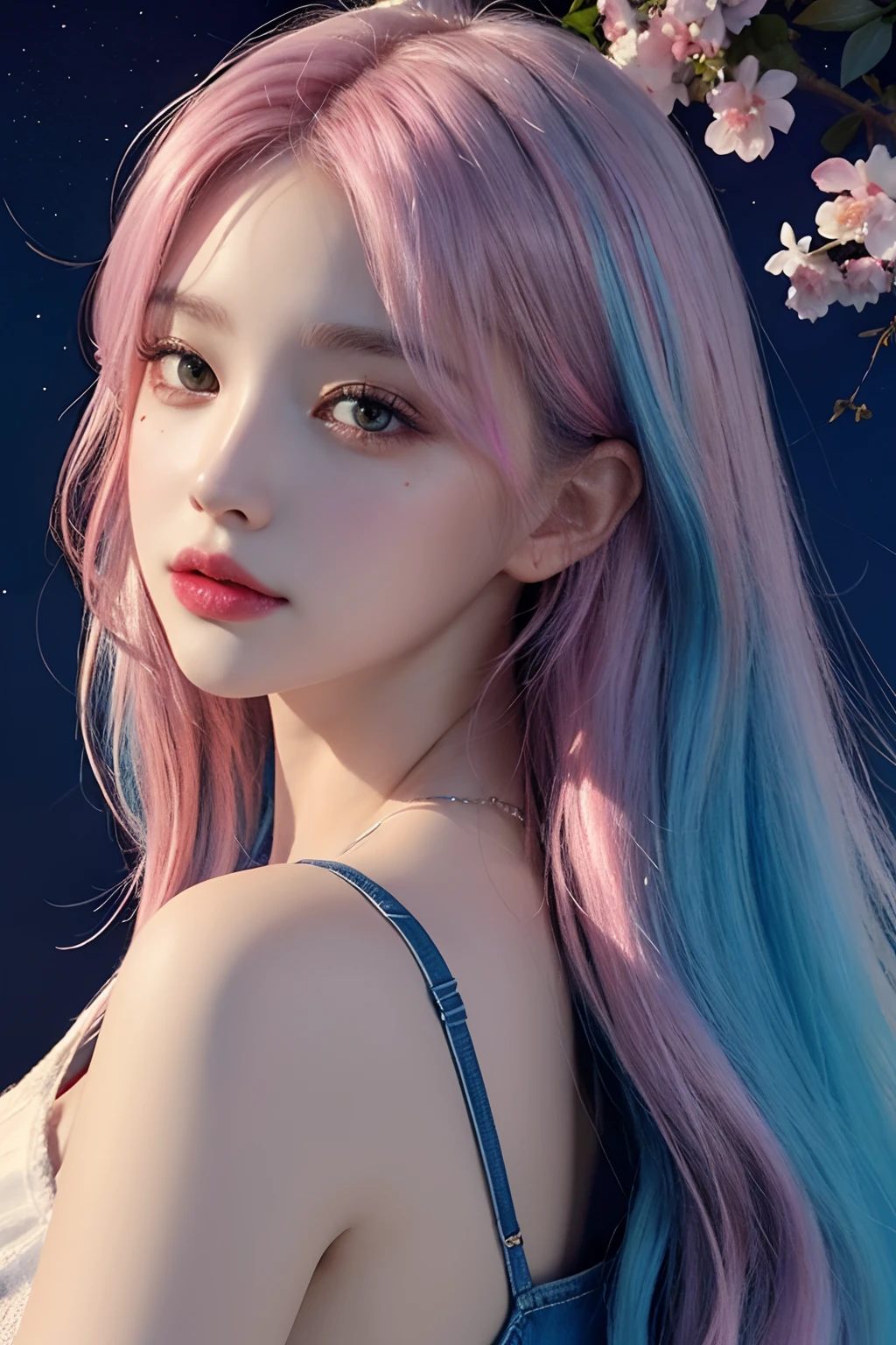 (masutepiece, of the highest quality, Best Quality, watercolor paiting (Medium), Official art, Beauty and aesthetics: 1.2), (1girl in: 1.3), (Fractal Art: 1.3), Watch the viewer from the side, Pattern, (rainbow hair, Colored hair, Half blue and half pink hair: 1.2), Water, Liquid, Clouds, Colorful, starrysky, Stars,