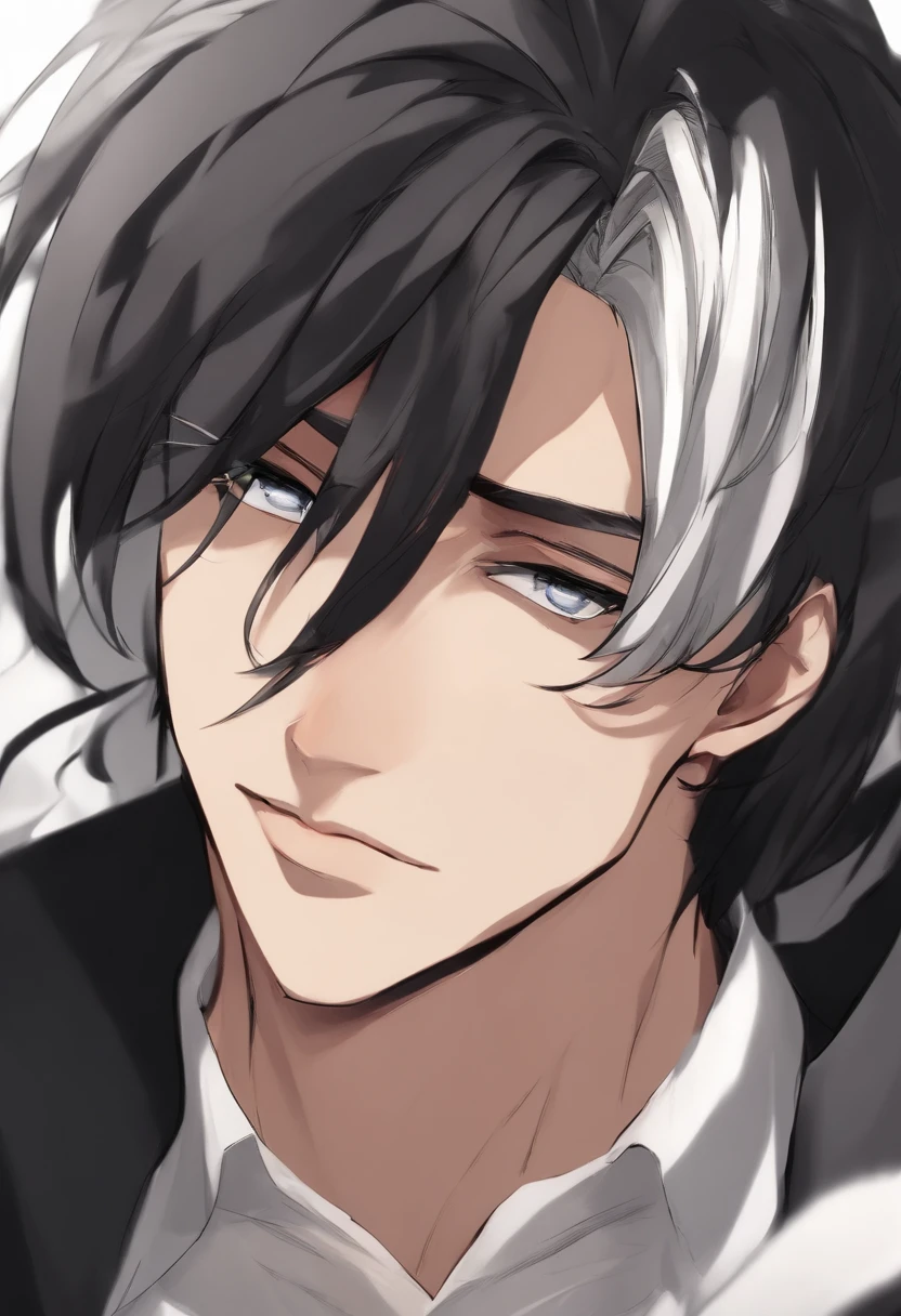 Estilo anime; 1man; 40 anos; retrato de uma homem adulto; cabelo preto; olhos vermelhos; roupas pretas; close-up rosto; expression serious, cabelo preto; fundo branco simples; estilo anime; roupas pretas; vestimentas de cor preta; retrato de uma homem adulto; retrato de um homem grande; 1man; estilo anime; anime style
