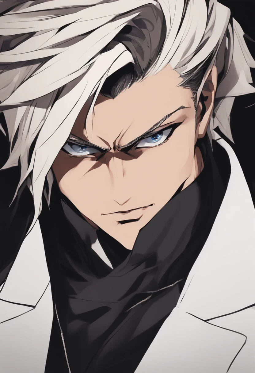 Estilo anime; 1man; 40 anos; retrato de uma homem adulto; cabelo preto; olhos vermelhos; roupas pretas; close-up rosto; expression serious, cabelo preto; fundo branco simples; estilo anime; roupas pretas; vestimentas de cor preta; retrato de uma homem adulto; retrato de um homem grande; 1man; estilo anime; anime style