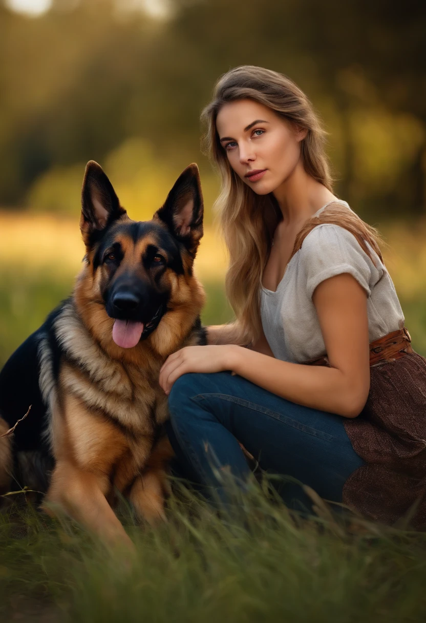 Photorealistic of a farmer blonde young woman, 19 year old, with a female german shepherd on her side