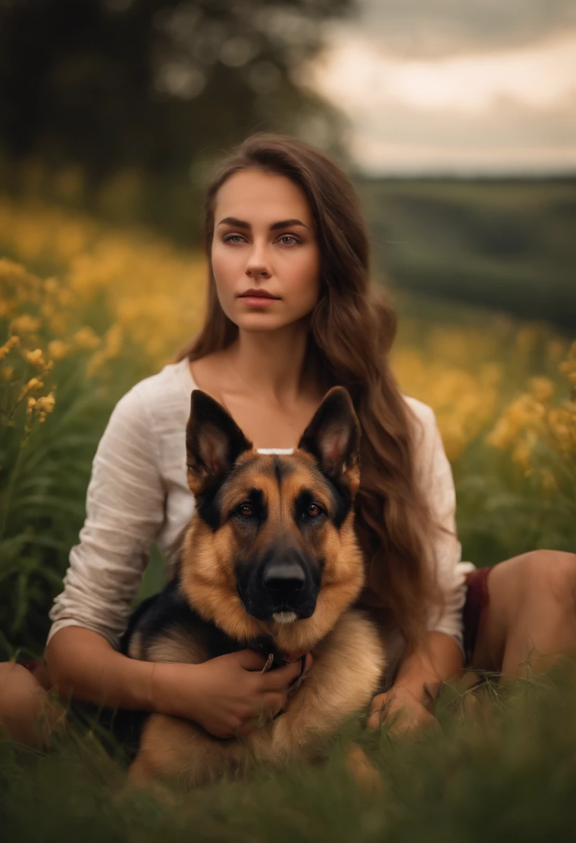 Photorealistic of a farmer young woman, 19 year old, with a german shepherd on her side