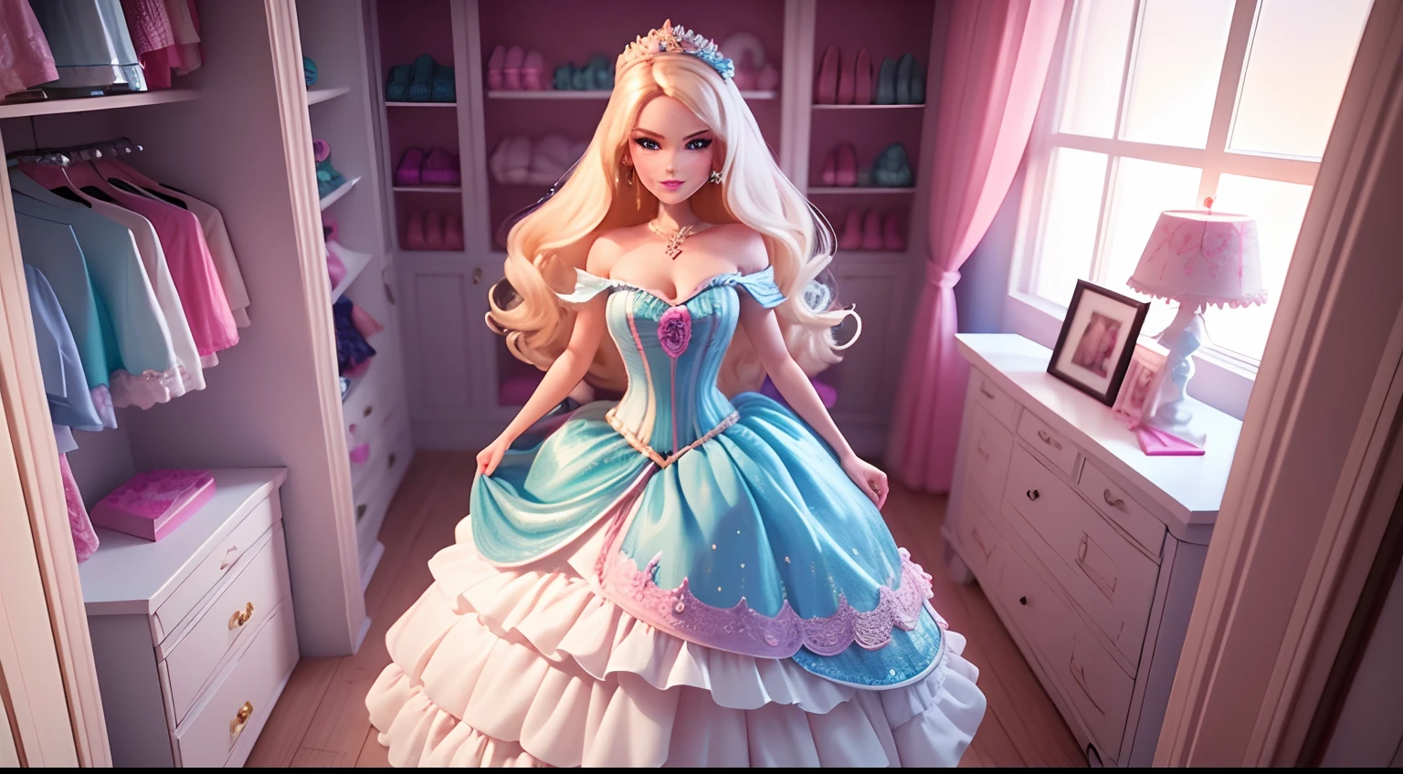 "Capture the enchantment of Barbie's closet in a 3D Disney-style masterpiece. Show us the magic, the fashion, and the dreams that come to life in her wardrobe!"