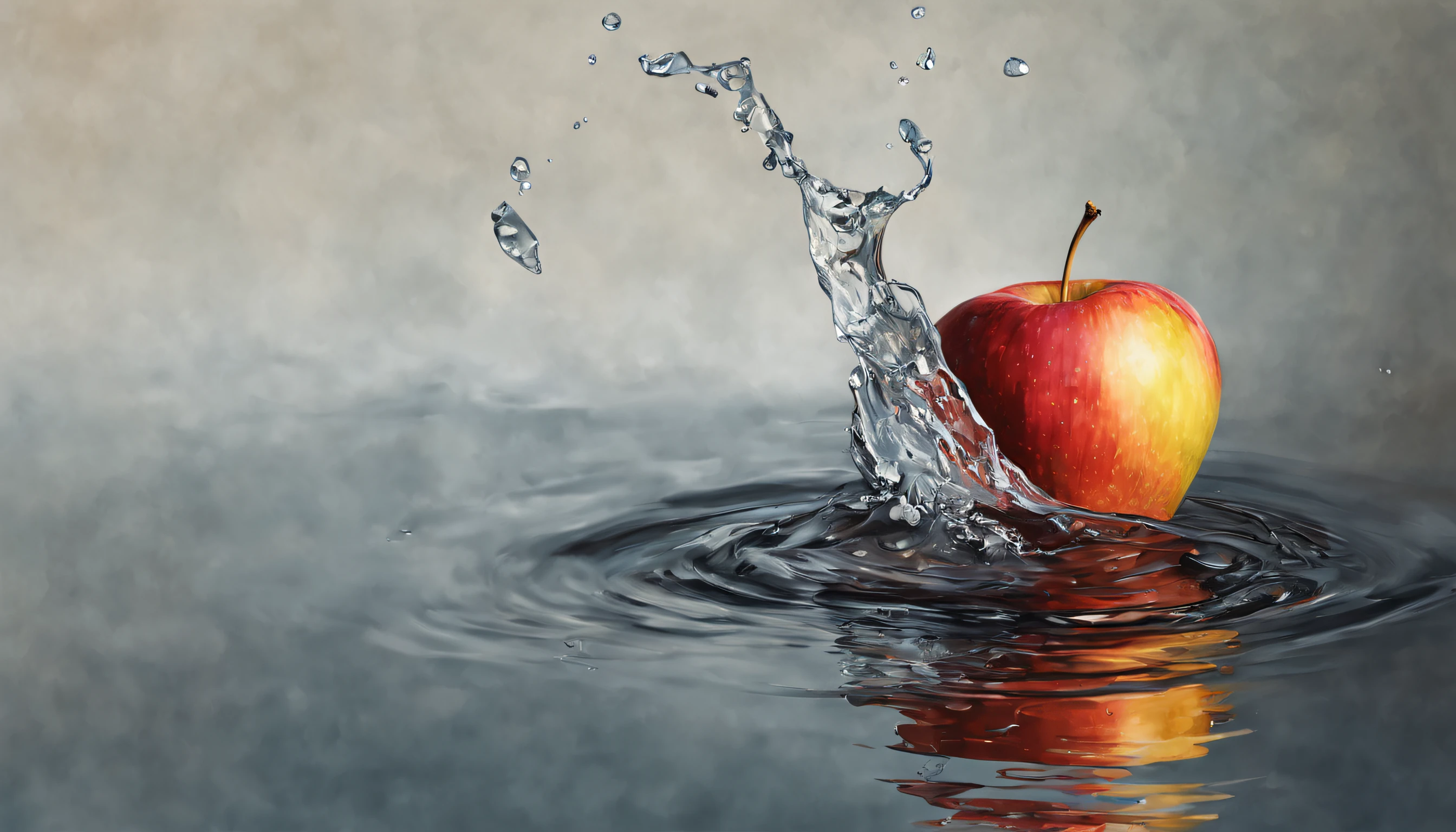 Ma apple sitting on top of the water on the right side, fundo escuro lado esquerdo, pintura digital hiper realista, Hiper-realismo colorido, amazing food illustration, amazing food photography, hyper realistic oil painting, foto colorida hiper realista, ultrarealistic oil painting, fotografia colorida realista, hyper realistic oil painting, hyperrealistic oil painting, Beautiful 3D rendering, pintura digital hiper-realista