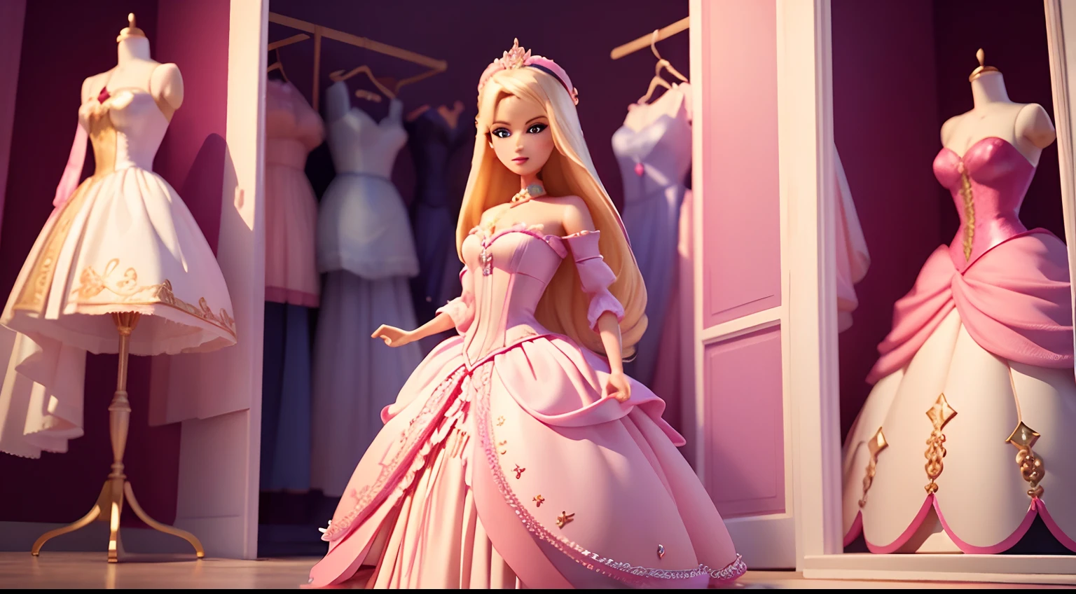 "Capture the enchantment of Barbie's closet in a 3D Disney-style masterpiece. Show us the magic, the fashion, and the dreams that come to life in her wardrobe!"