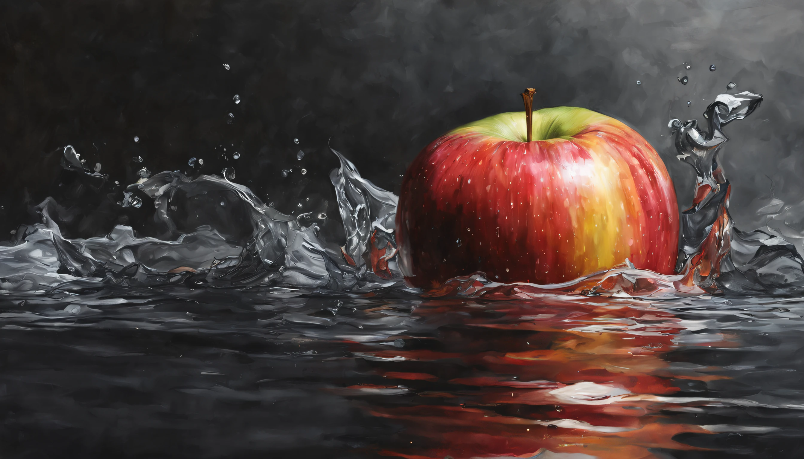 Ma apple sitting on top of the water on the right side, fundo escuro lado esquerdo, pintura digital hiper realista, Hiper-realismo colorido, amazing food illustration, amazing food photography, hyper realistic oil painting, foto colorida hiper realista, ultrarealistic oil painting, fotografia colorida realista, hyper realistic oil painting, hyperrealistic oil painting, Beautiful 3D rendering, pintura digital hiper-realista