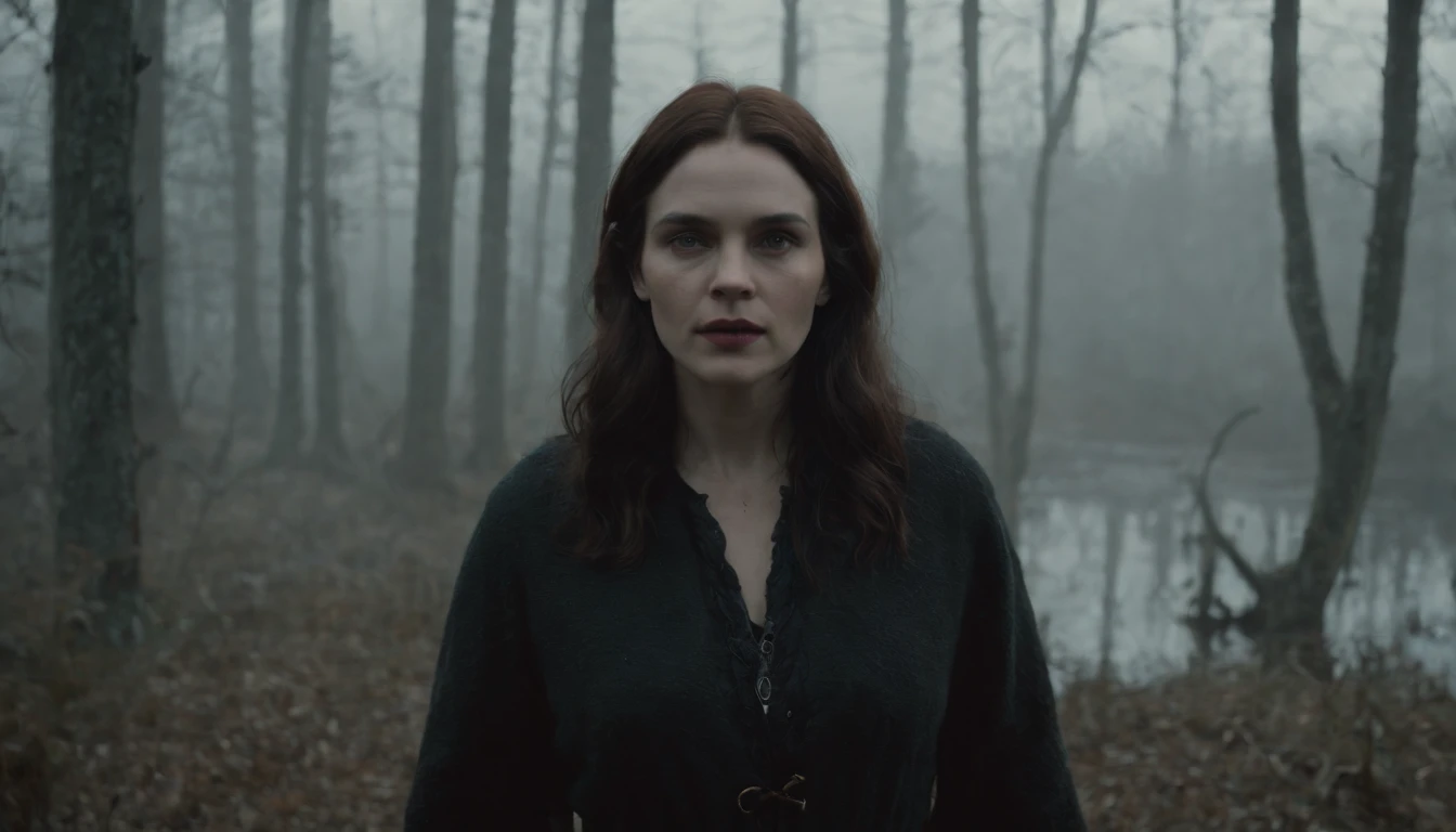 Witch in a creepy foggy marsh, witch aesthetic, the Blair witch project, wiccan aesthetic, dark atmosphere, ominous atmosphere, ultra detailed, masterpiece.