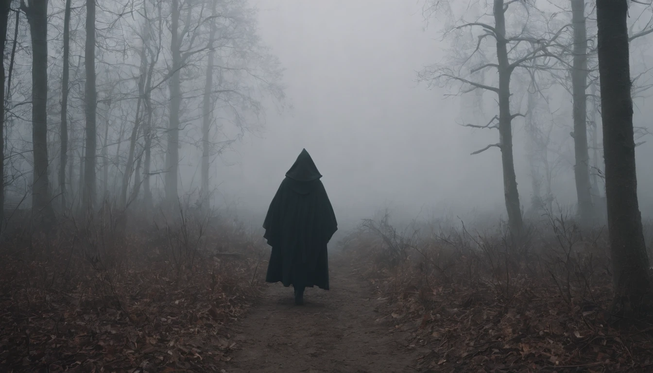 Witch in a creepy foggy marsh, witch aesthetic, the Blair witch project, wiccan aesthetic, dark atmosphere, ominous atmosphere, ultra detailed, masterpiece.