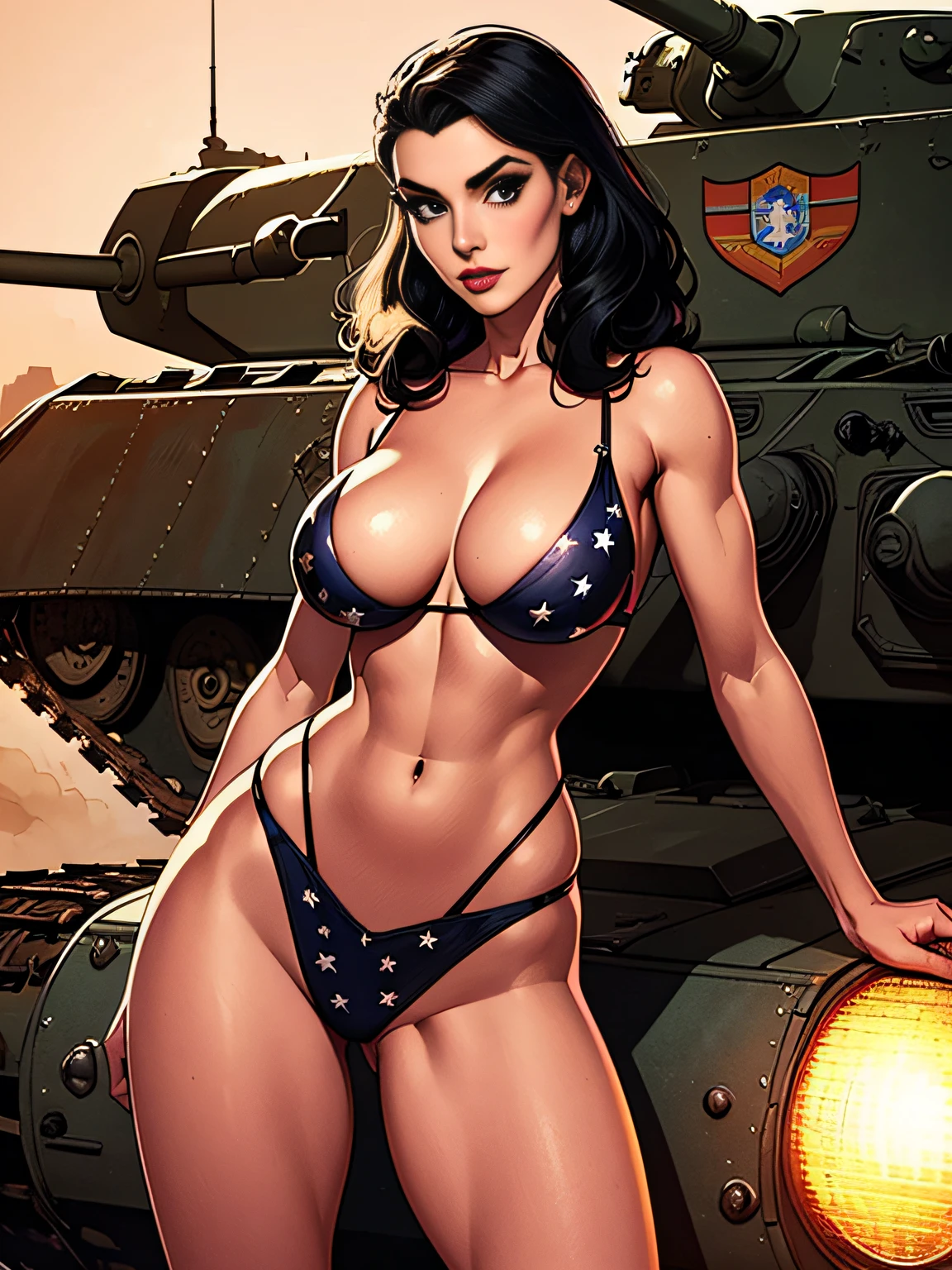(masterpiece, top quality, best quality, official art, beautiful and aesthetic:1.2), (1girl:1.3), black hair victory curls, vintage 1940's American hairstyle, extremely detailed, portrait, looking at viewer, solo, (full body:0.6), detailed background, close up, vintage makeup, retro style, (warm summer military base theme:1.1), pinup girl, elegant face, long face, charlatan, smirk, mysterious, posing on top of a tank, patriotic costume, star spangled costume, high heels, legs, M4 Sherman tank, WWII tank, armored vehicle, (((( medium, breast )))), toned, slim waist, slim hips, long legs, muscular legs, historical (WW2 army base exterior:1.1) background, dark mysterious lighting, shadows, magical atmosphere, dutch angle