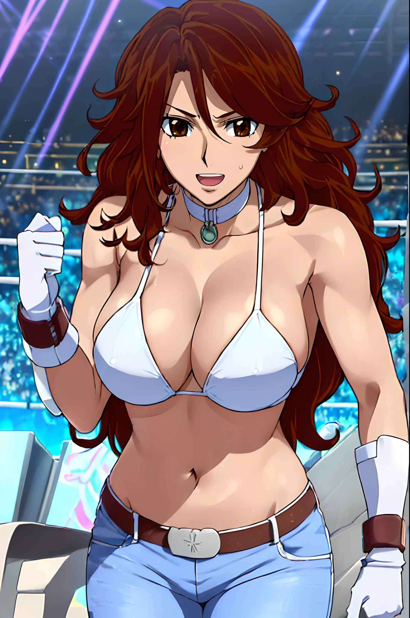 curvy midsection, solo, 1 girl, ultra toned arms, sweating very nuch, tired, smile, breathing heavily), (detailed titration screen, upper body only, anime style: 1.8, anime drawing, ultra detailed face, ultra detailed body, 4k, Sumergai Lee Noriega, (standing), best quality, anime style, hires, highest definition, digital blending, bold drawing lines, ((wwe diva), (location: wrestling arena, crowds watching), ( slim body, (little biceps), , off-shoulders, closed fists, (very curvy: 2.8)), ((white bikini only, jeans, white gloves, collar, hand protector, (champion belt on bare belly))), (pale skin, big breasts, widely open mouth, teeth), (big eyes, brown eyes), (leaning forward), (brown hair, loose hair, curly hair, wavy hair, long hair, missy hair), 27 years old,
