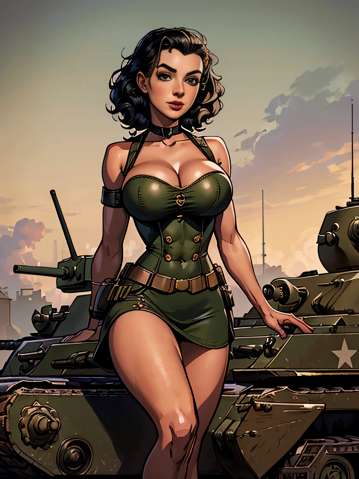 (masterpiece, top quality, best quality, official art, beautiful and aesthetic:1.2), (1girl:1.3), black hair victory curls, vintage 1940's American hairstyle, extremely detailed, portrait, looking at viewer, solo, (full body:0.6), detailed background, close up, vintage makeup, retro style, (warm summer military base theme:1.1), pinup girl, elegant face, long face, charlatan, smirk, mysterious, posing on top of a tank, patriotic costume, star spangled costume, high heels, legs, M4 Sherman tank, WWII tank, armored vehicle, (((( medium, breast )))), toned, slim waist, slim hips, long legs, muscular legs, historical (WW2 army base exterior:1.1) background, dark mysterious lighting, shadows, magical atmosphere, dutch angle
