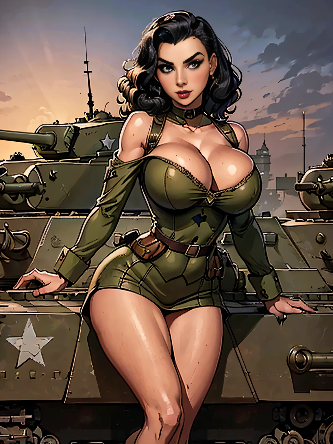 (masterpiece, top quality, best quality, official art, beautiful and aesthetic:1.2), (1girl:1.3), black hair victory curls, vintage 1940's American hairstyle, extremely detailed, portrait, looking at viewer, solo, (full body:0.6), detailed background, close up, vintage makeup, retro style, (warm summer military base theme:1.1), pinup girl, elegant face, long face, charlatan, smirk, mysterious, posing on top of a tank, patriotic costume, star spangled costume, high heels, legs, M4 Sherman tank, WWII tank, armored vehicle, (((( medium, breast )))), toned, slim waist, slim hips, long legs, muscular legs, historical (WW2 army base exterior:1.1) background, dark mysterious lighting, shadows, magical atmosphere, dutch angle