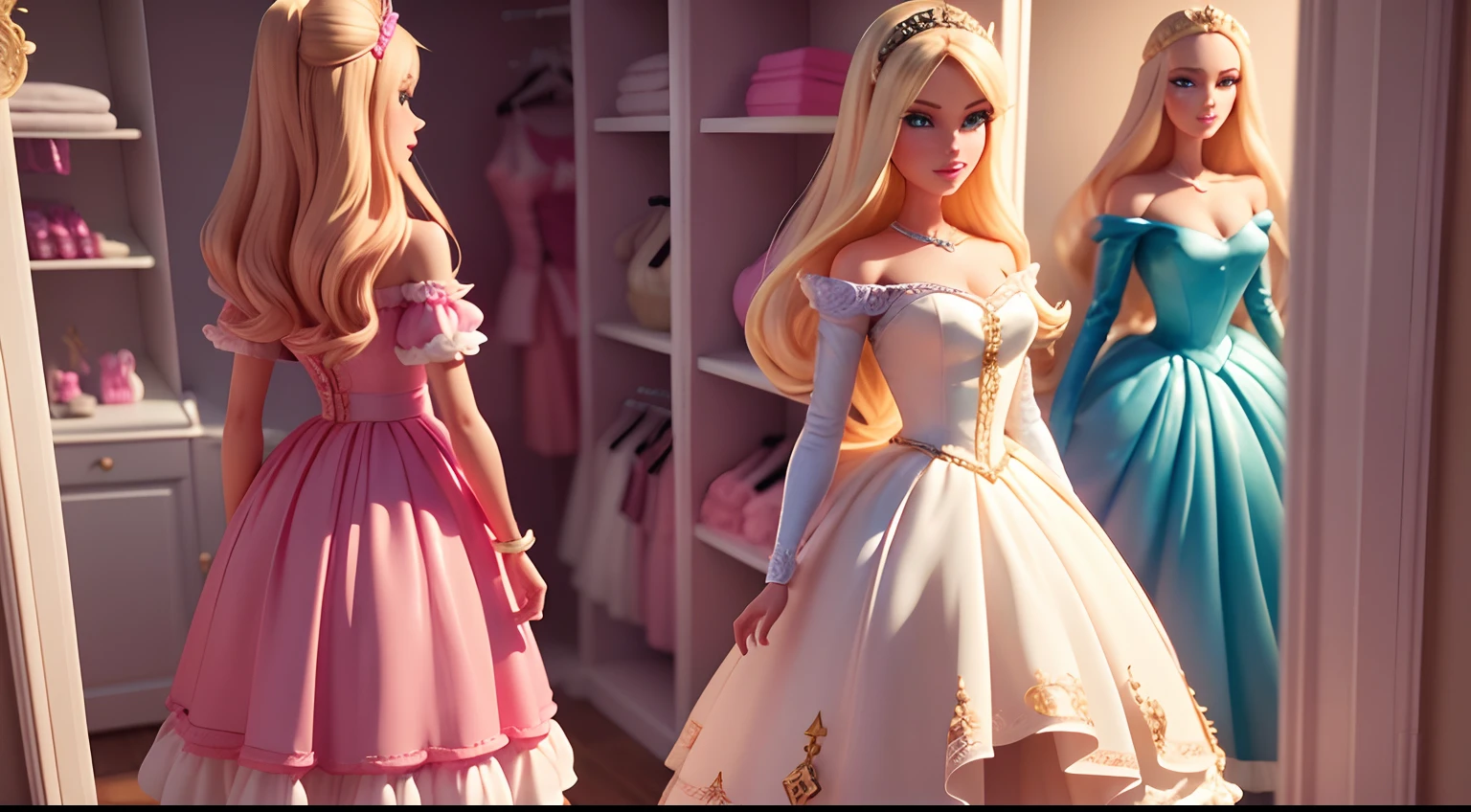 "Capture the enchantment of Barbie's closet in a 3D Disney-style masterpiece. Show us the magic, the fashion, and the dreams that come to life in her wardrobe!"