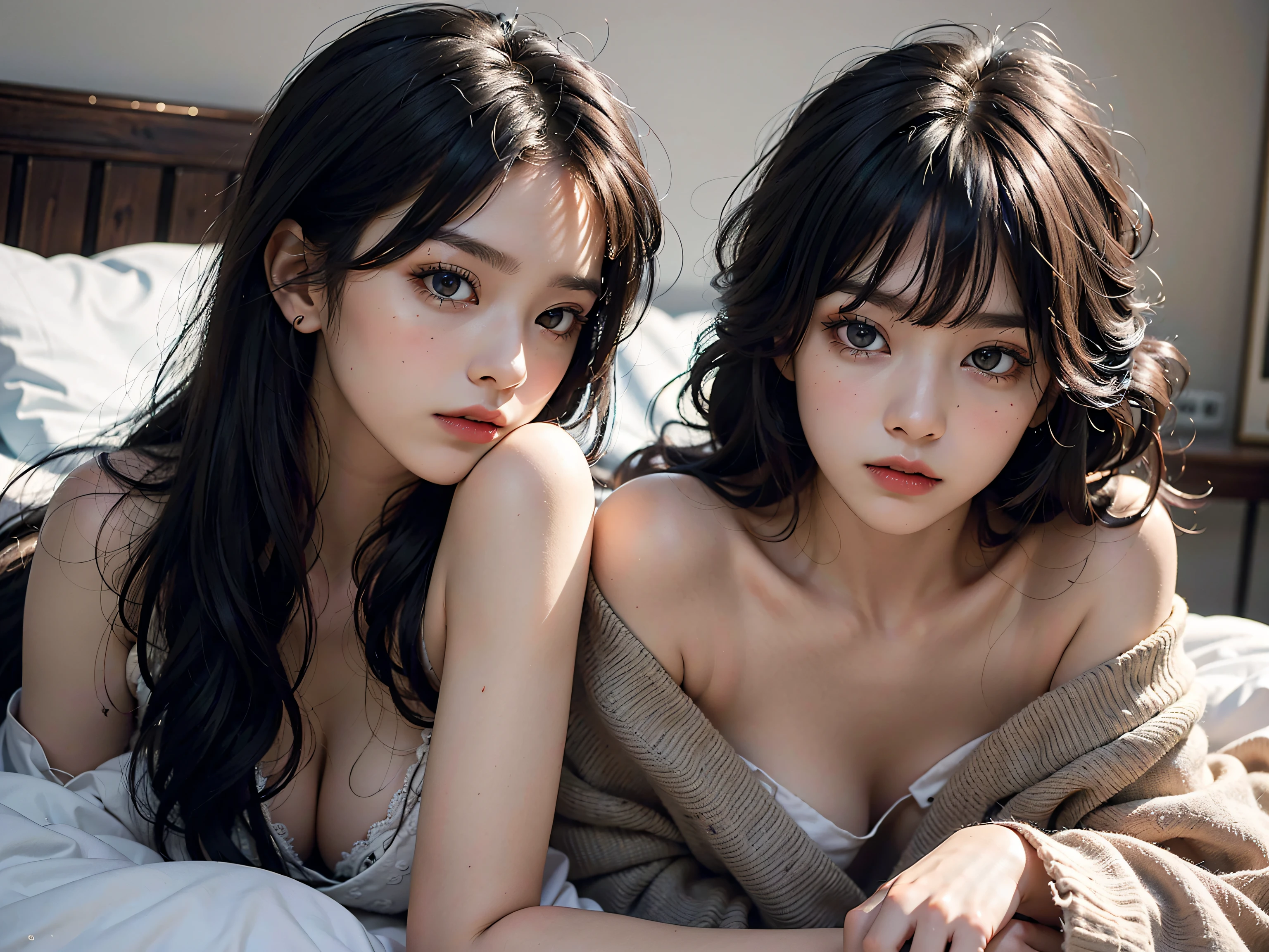 best quality, masterpiece, ultra high res, RAW, 8k, ultra-realistic, young girl, offshoulder, confused expression, very warm light, flawless skin, (black hair:1.4), (((bad hair:1.4))), (Bangs:1.2), ((in bed)), extremely beautiful eyes, (dark eyes:1.4), just woke up, wrapped in blanket, colorful bed