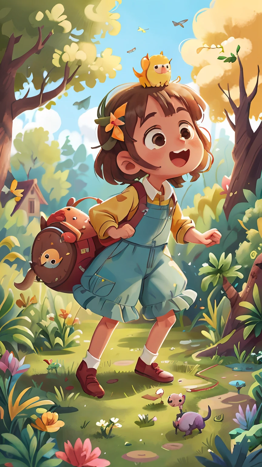 Floresta aberta, (obra-prima desenho de arte, 1 girl aventureira, happy excitement, destemida olhando para um cavalo encantado alegre ( detailed enhanced animation), chapeu, roupa aventura. bicho( obra-prima detalhado), floresta, birds (realista), luz solar, nuvens, campo aberto. +4 imagens (detailed various poses) bichos (animais)