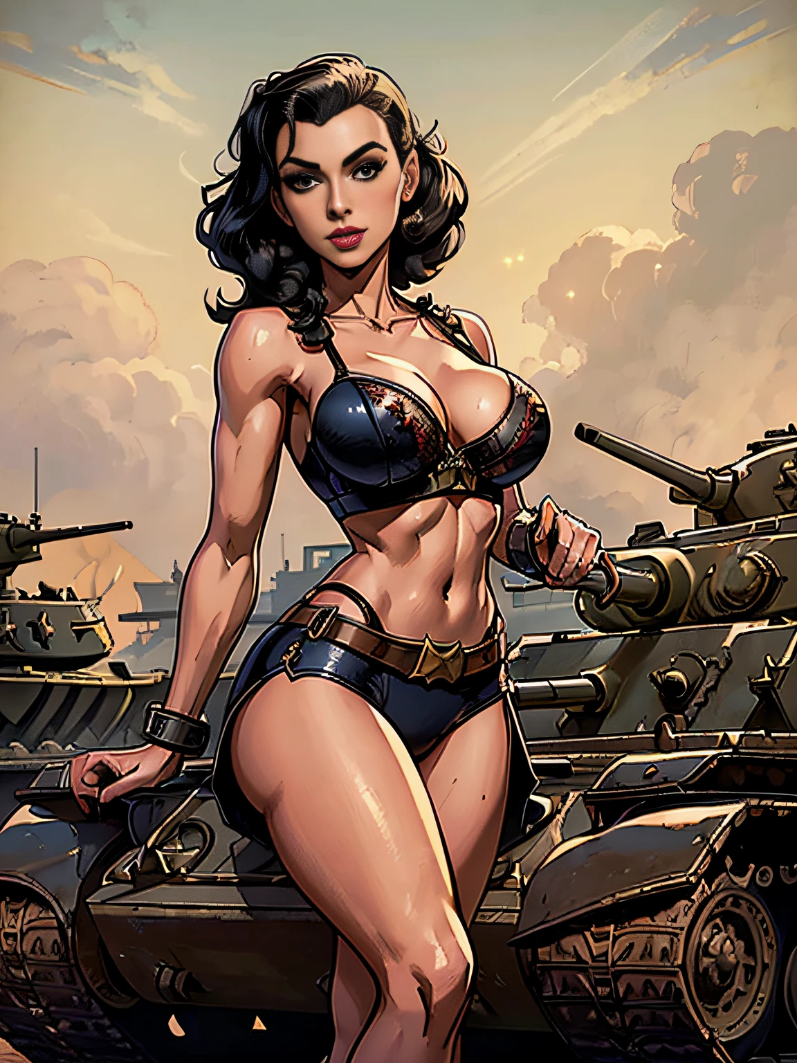 (masterpiece, top quality, best quality, official art, beautiful and aesthetic:1.2), (1girl:1.3), black hair victory curls, vintage 1940's American hairstyle, extremely detailed, portrait, looking at viewer, solo, (full body:0.6), detailed background, close up, vintage makeup, retro style, (warm summer military base theme:1.1), pinup girl, elegant face, long face, charlatan, smirk, mysterious, posing on top of a tank, patriotic costume, star spangled costume, high heels, legs, M4 Sherman tank, WWII tank, armored vehicle, (((( medium, breast )))), toned, slim waist, slim hips, long legs, muscular legs, historical (WW2 army base exterior:1.1) background, dark mysterious lighting, shadows, magical atmosphere, dutch angle