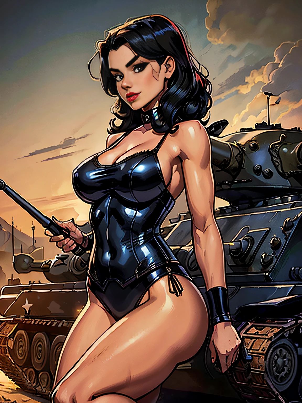 (masterpiece, top quality, best quality, official art, beautiful and aesthetic:1.2), (1girl:1.3), black hair victory curls, vintage 1940's American hairstyle, extremely detailed, portrait, looking at viewer, solo, (full body:0.6), detailed background, close up, vintage makeup, retro style, (warm summer military base theme:1.1), pinup girl, elegant face, long face, charlatan, smirk, mysterious, posing on top of a tank, patriotic costume, star spangled costume, high heels, legs, M4 Sherman tank, WWII tank, armored vehicle, (((( medium, breast )))), toned, slim waist, slim hips, long legs, muscular legs, historical (WW2 army base exterior:1.1) background, dark mysterious lighting, shadows, magical atmosphere, dutch angle