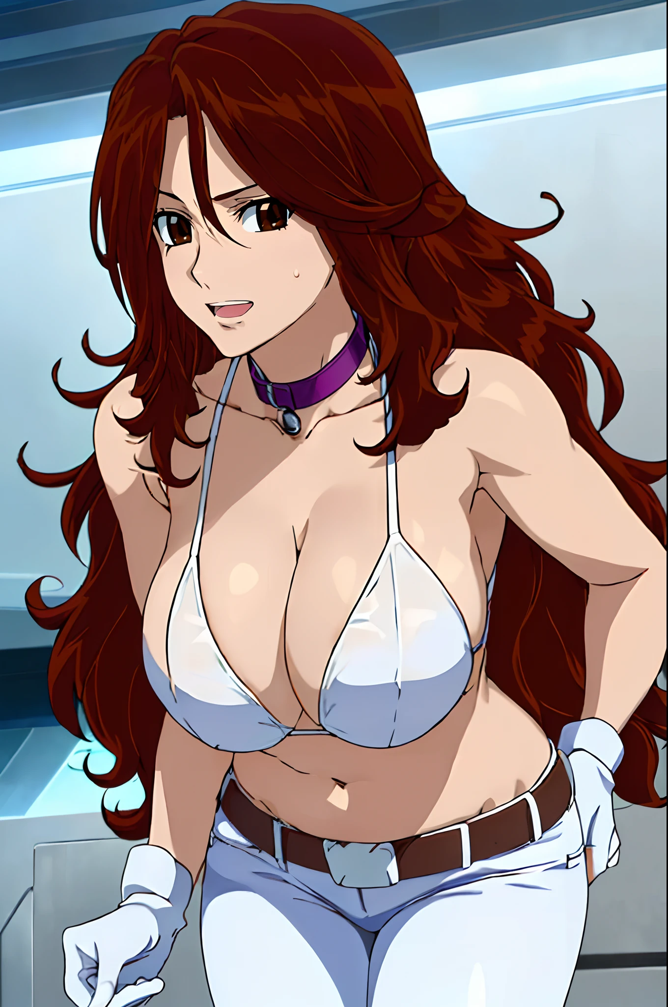 curvy midsection, solo, 1 girl, ultra toned arms, sweating very nuch, tired, smile, breathing heavily), (detailed titration screen, upper body only, anime style: 1.8, anime drawing, ultra detailed face, ultra detailed body, 4k, Sumergai Lee Noriega, (standing), best quality, anime style, hires, highest definition, digital blending, bold drawing lines, ((wwe diva), (location: wrestling arena, crowds watching), ( slim body, (little biceps), , off-shoulders, closed fists, (very curvy: 2.8)), ((white bikini only, jeans, white gloves, collar, hand protector, (champion belt on bare belly))), (pale skin, big breasts, widely open mouth, teeth), (big eyes, brown eyes), (leaning forward), (brown hair, loose hair, curly hair, wavy hair, long hair, missy hair), 27 years old,