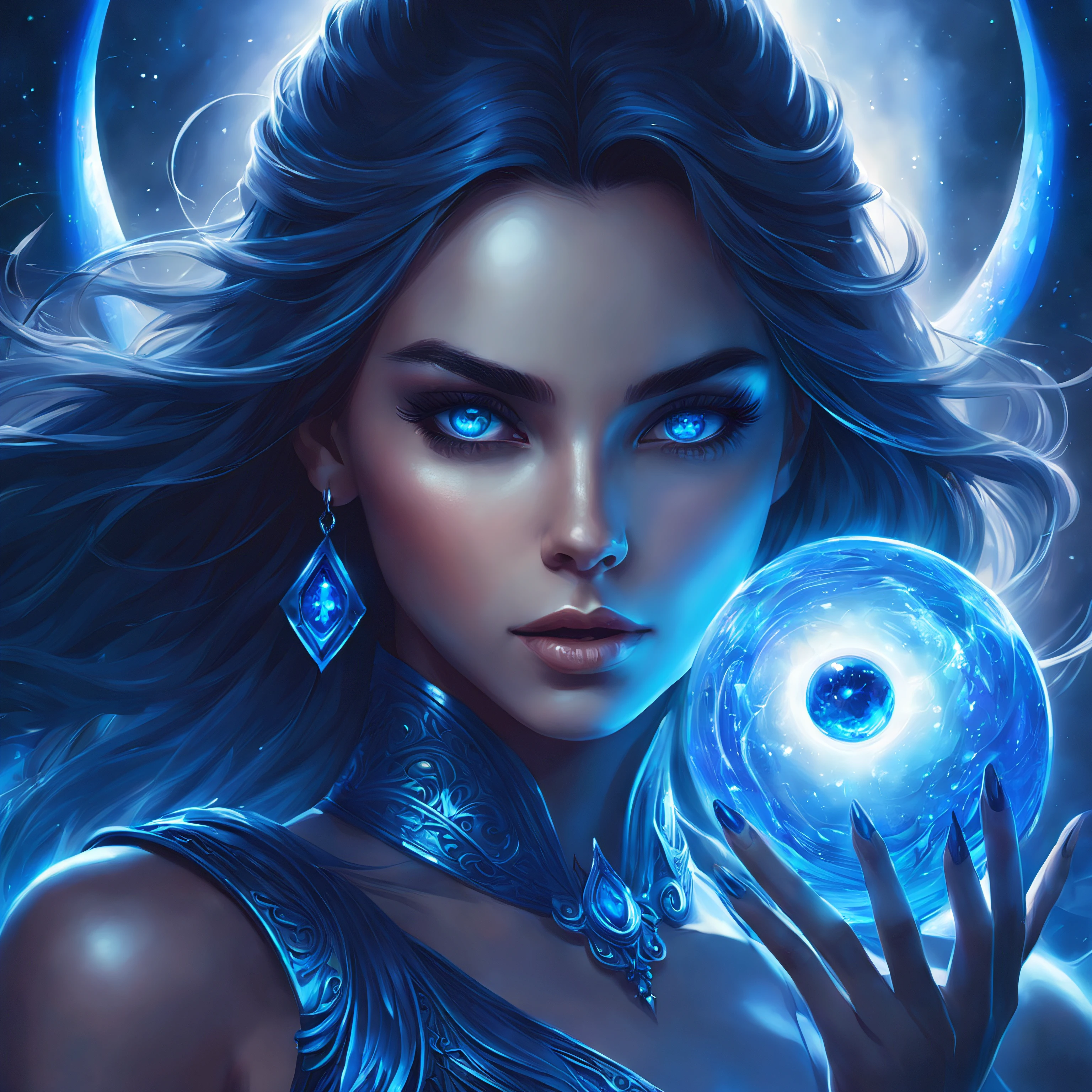una mujer con ojos azules y un orbe brillante en la mano, Arte digital detallado 4K, digital 2d fantasy art, Arte digital 4K altamente detallado, epic fantasy digital art style, Alena Aenami y Artgerm, Fanart Mejor ArtStation, Detailed 2D Digital Fantasy Art, fantasy concept art portrait, Arte detallado de alta calidad 8K, 4K fantasy art