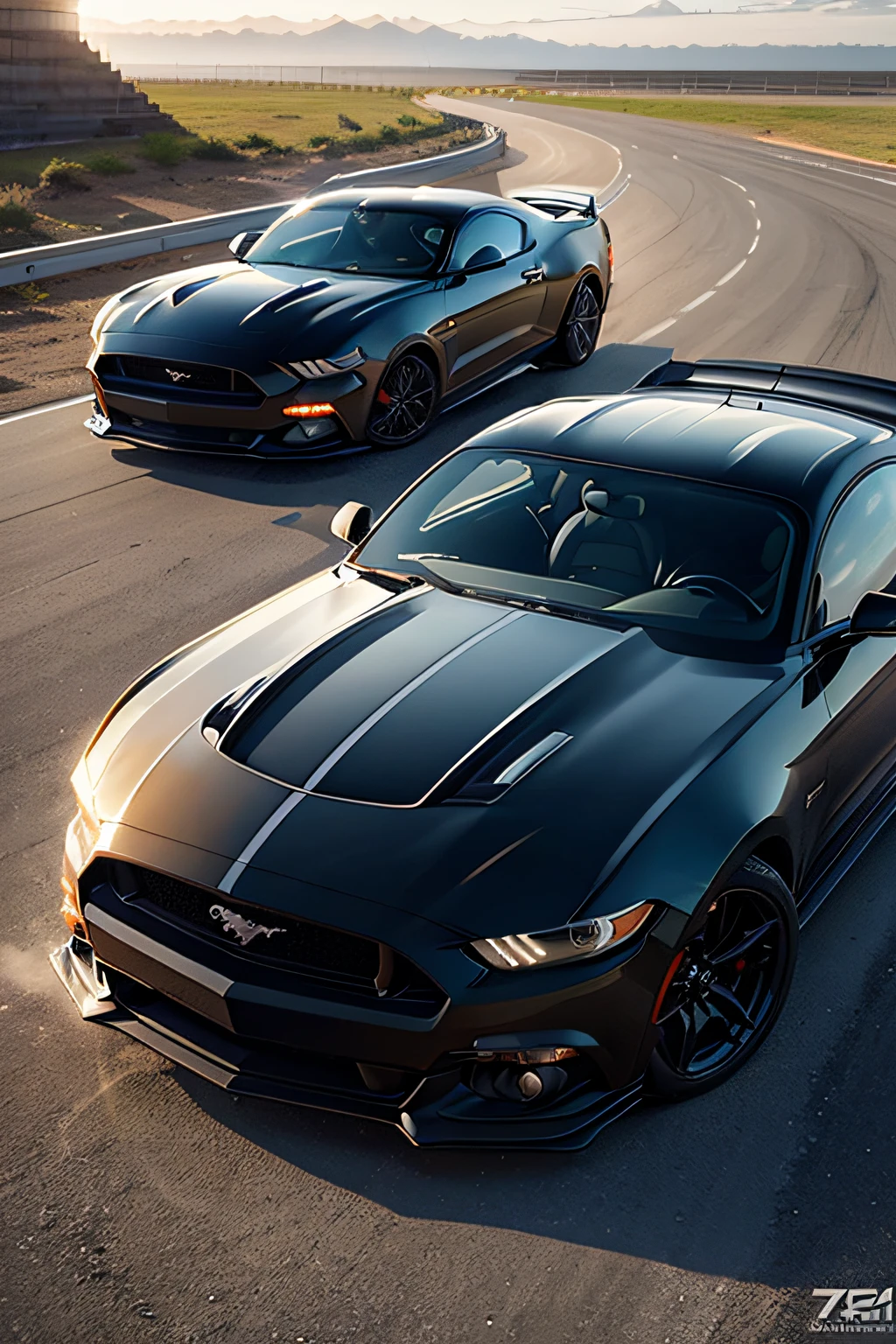 carro mustang 78 preto corrente em uma pista de asfalto em um final de tarde maravilhoso.