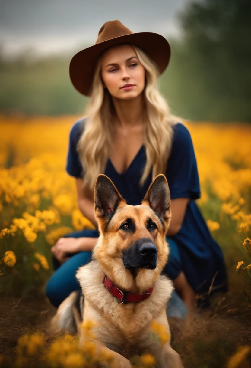 Photorealistic of a farmer blonde young woman, 19 year old, with a female german shepherd on her side