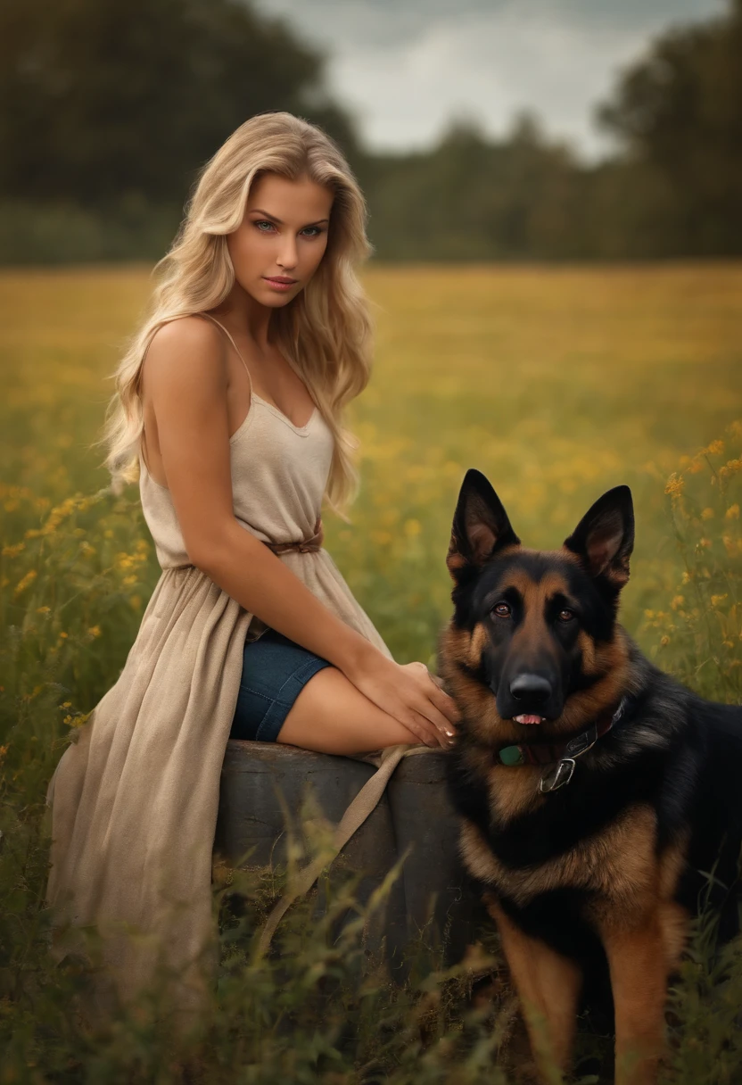 Photorealistic of a farmer blonde young woman, 19 year old, with a female german shepherd on her side