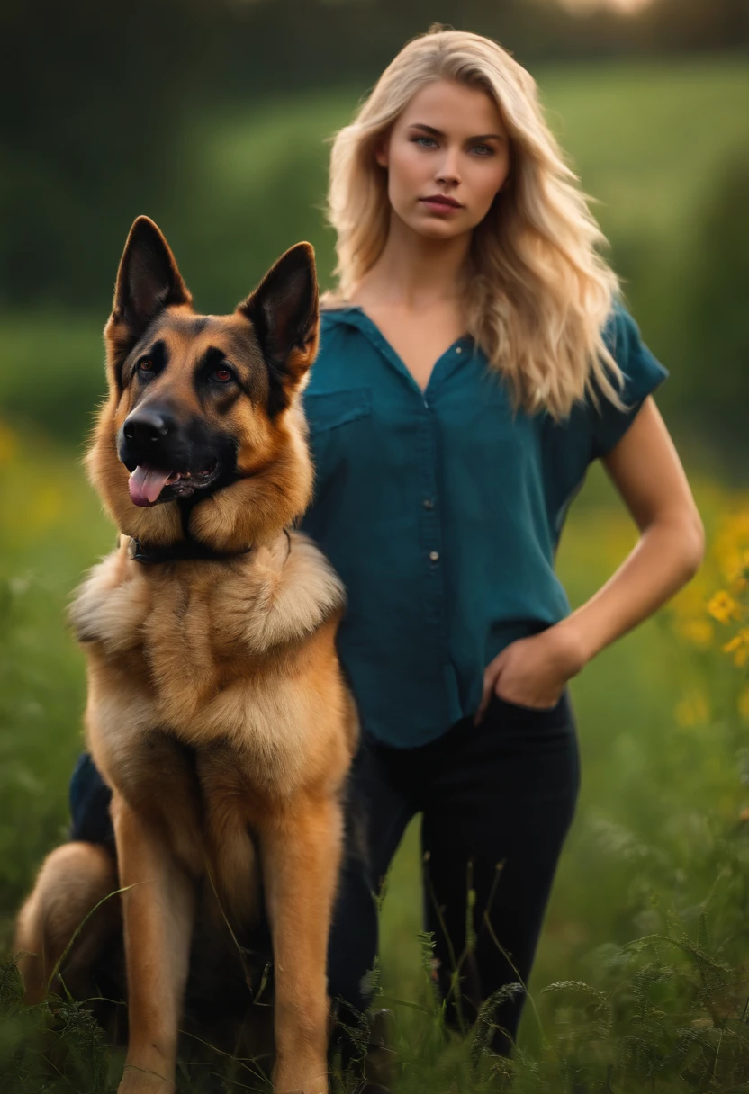 Photorealistic of a farmer blonde young woman, 19 year old, with a female german shepherd on her side