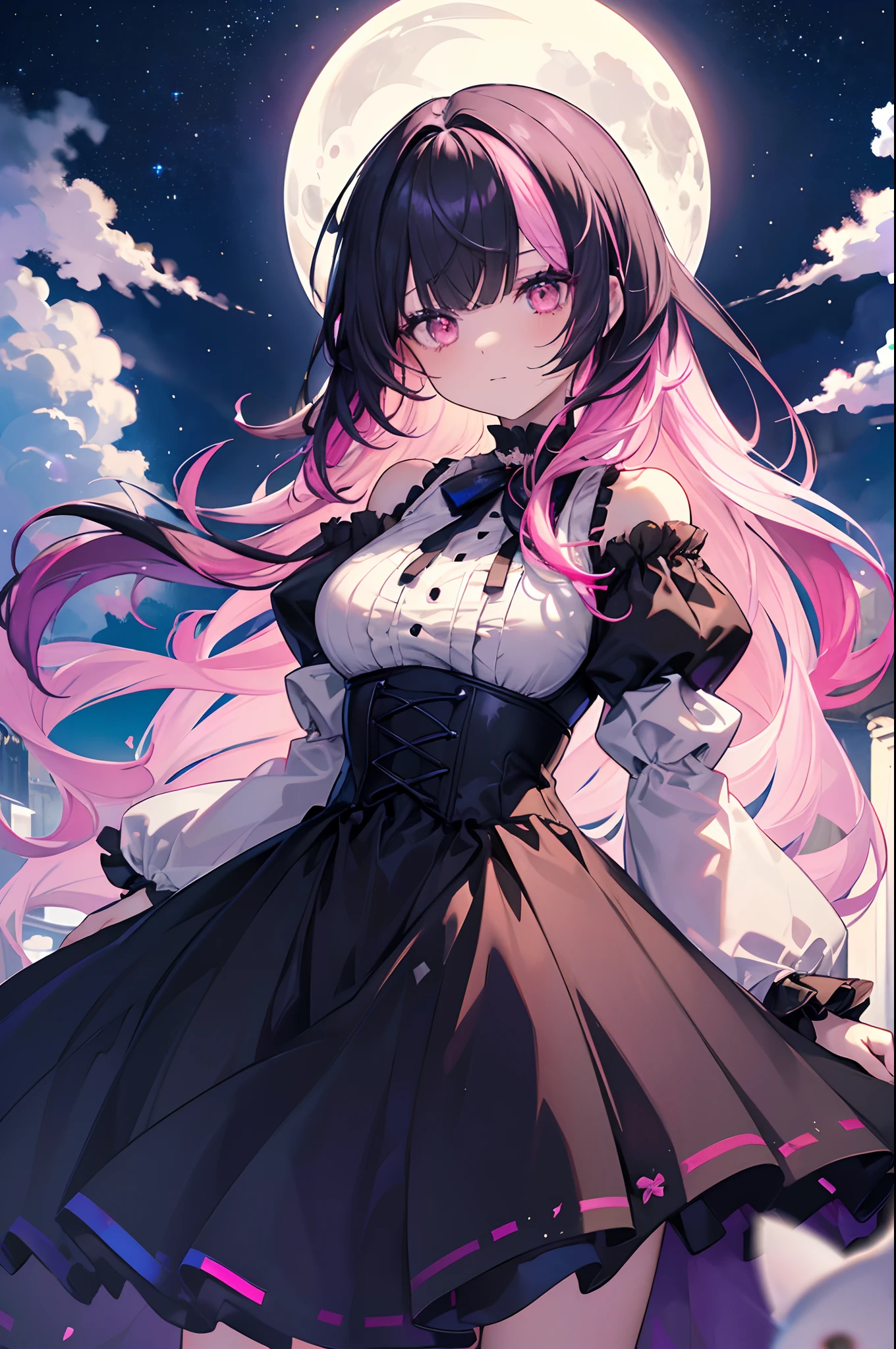 (((masterpiece, best quality))), (((thicker lines))), (((sharp focus))), ((1girl, ghost girl)), (((floating, multicolored hair, gradient hair, two-tone hair, black hair, pink hair, red hair:1.2))), (((very long hair))), (((red sparkling eyes))), ((slanted eyes)), (thick eyeliner), (dark eyeshadow), (((long eyelashes))), (black lipstick), (((black choker))), (((black lacey corset dress, long puffy dress sleeves))), (((off shoulder dress))), (((medium breasts))), (((scenery, ghosts, night, starry sky, spooky mansion, graves, moon behind))), (((cowboy shot, atmospheric perspective))), Korean webtoon girl, big eyes, ombre lipstick, cute face, oval face, colored hair, curly hair, straight hair, kahuka1, ombre, ombre hair, Better clothing, detailed clothing, perfect clothes, add_detail:0.5, add_detail:1, add_detail:1, add_detail:0, add_detail:2, InkAnime, ((glowify)), (glowart), kahuka1, COLORFULMIX, MULTICOLORED HAIR, WAVY HAIR, mksks, glowify,