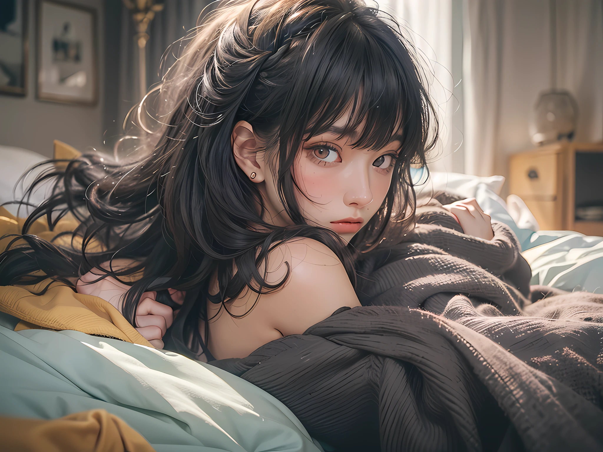 best quality, masterpiece, ultra high res, RAW, 8k, ultra-realistic, young girl, offshoulder, confused expression, very warm light, flawless skin, (black hair:1.4), (((bad hair:1.4))), (Bangs:1.2), ((in bed)), extremely beautiful eyes, (dark eyes:1.4), just woke up, wrapped in blanket, colorful bed