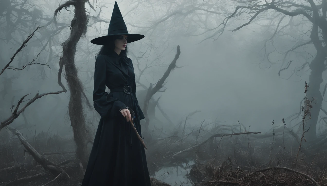 Witch in a creepy foggy marsh, witch aesthetic, the Blair witch project, wiccan aesthetic, dark atmosphere, ominous atmosphere, ultra detailed, masterpiece.