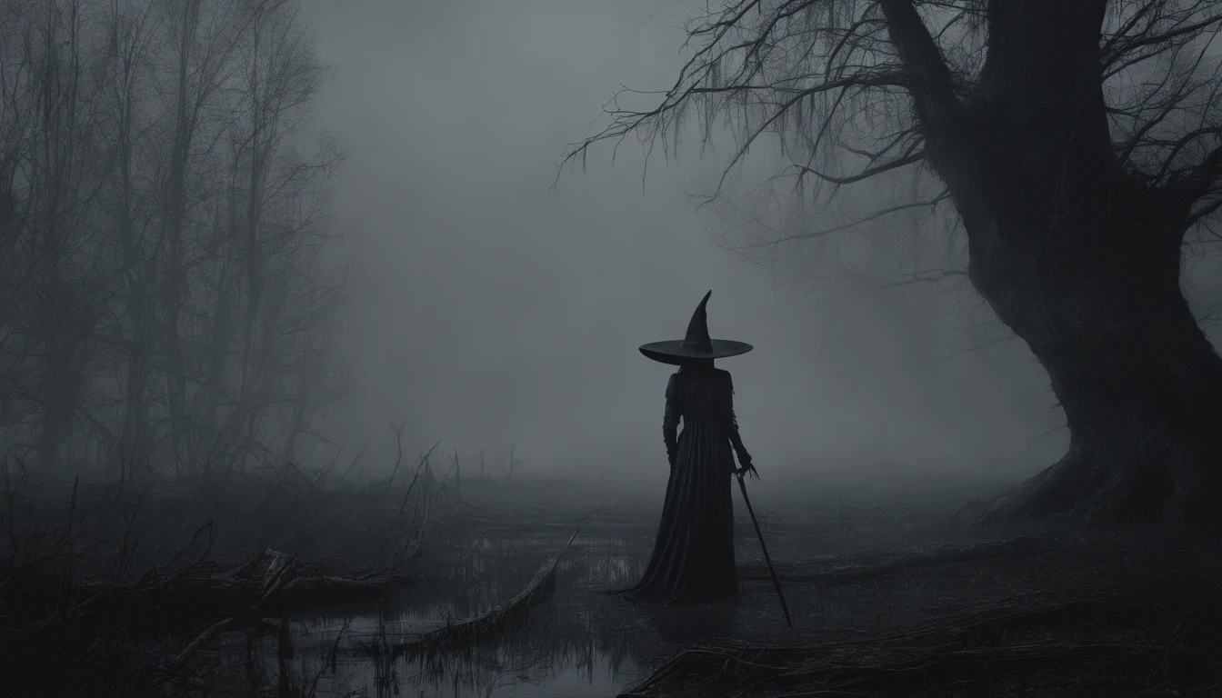 Witch in a creepy foggy marsh, witch aesthetic, the Blair witch project, wiccan aesthetic, dark atmosphere, ominous atmosphere, ultra detailed, masterpiece.