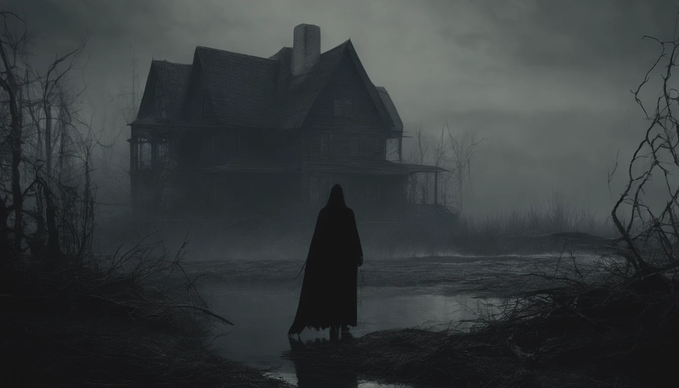 Witch in a creepy foggy marsh, witch aesthetic, the Blair witch project, wiccan aesthetic, dark atmosphere, ominous atmosphere, ultra detailed, masterpiece.