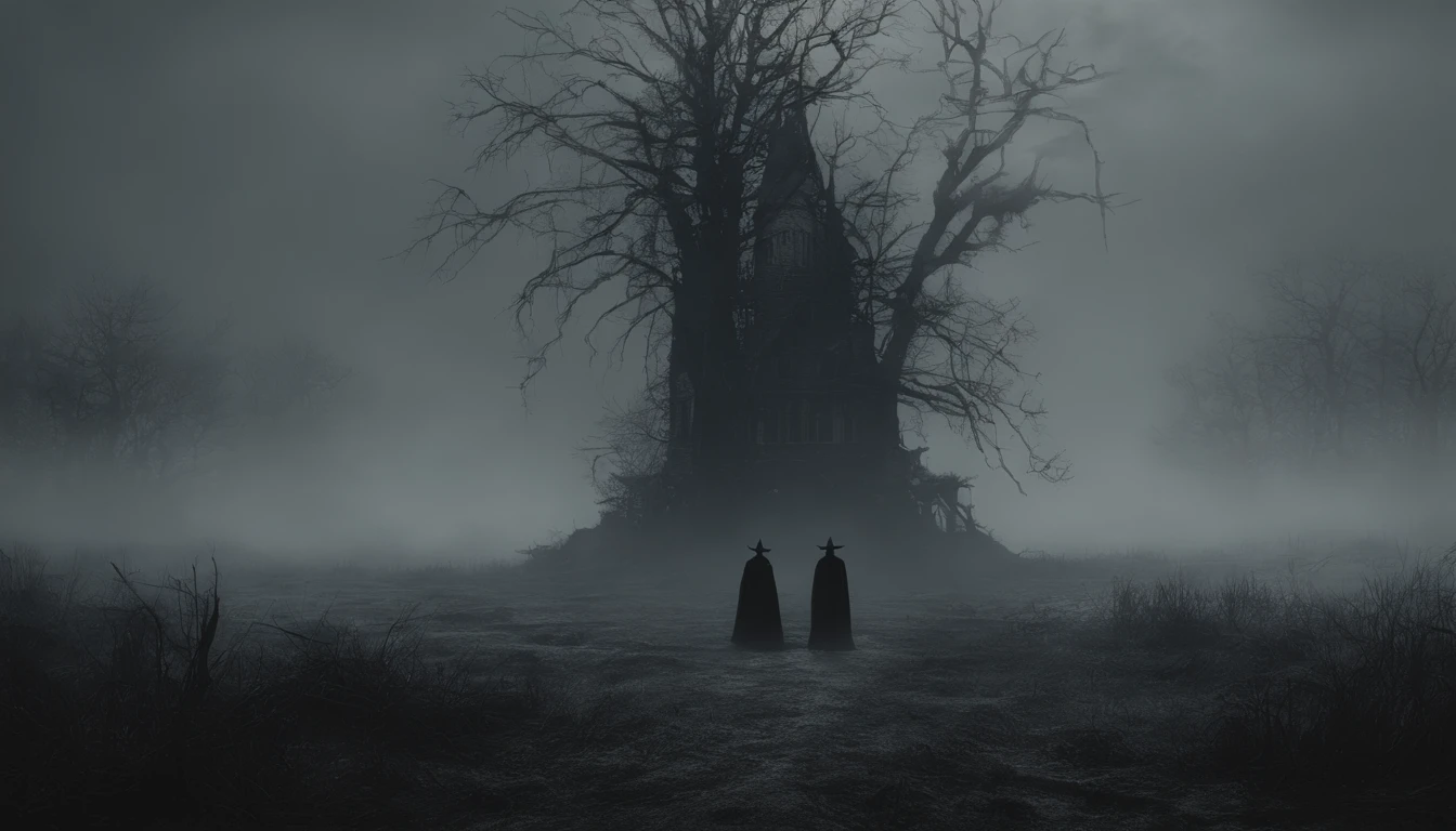 Witch in a creepy foggy marsh, witch aesthetic, the Blair witch project, wiccan aesthetic, dark atmosphere, ominous atmosphere, ultra detailed, masterpiece.