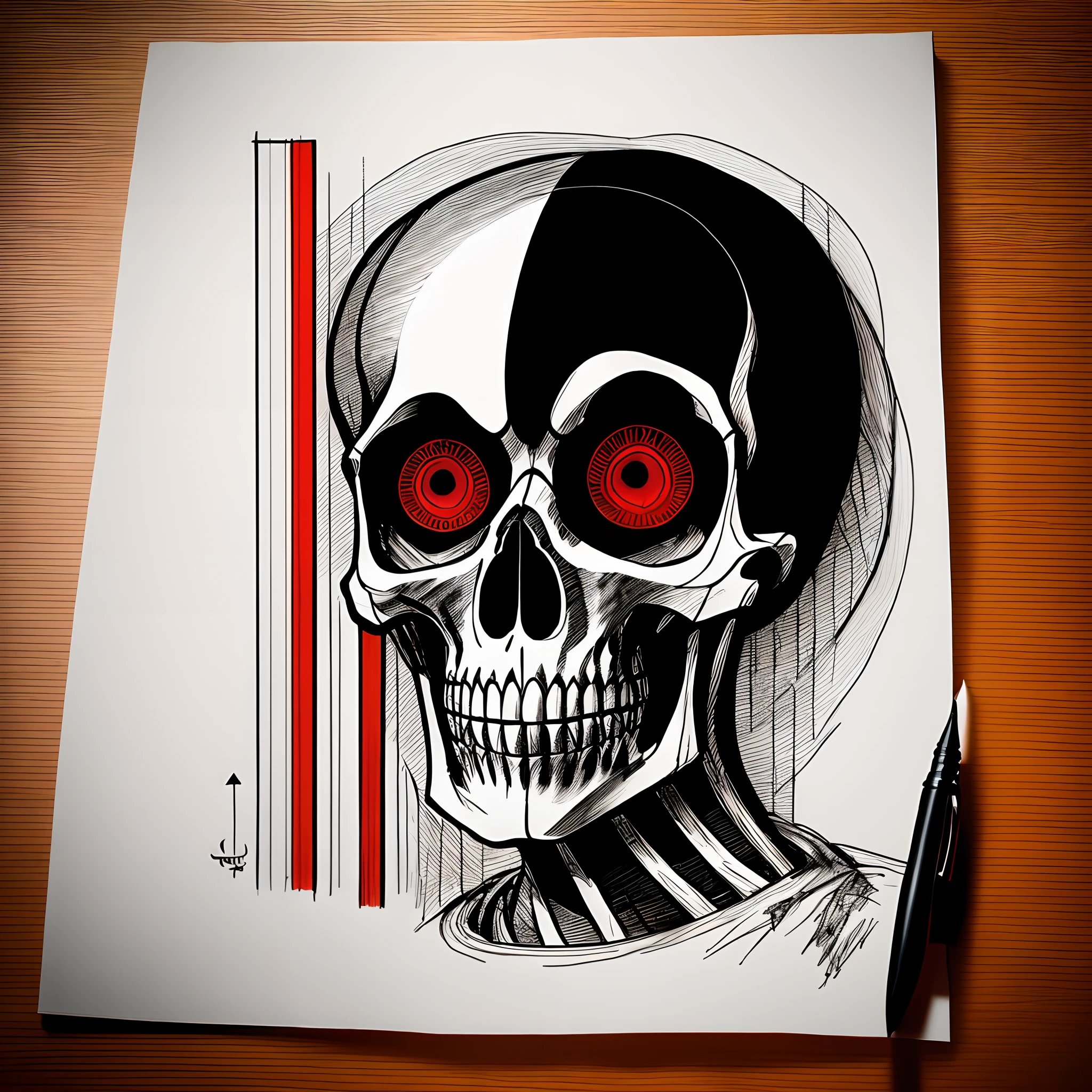 Generate an ink pen drawing with a black background canvas. In the center of the canvas, draw a thick red vertical line that extends from the top to the footer of the canvas, serving as the background element. Above this red line, depict a side view of a human face skeleton. Below the red line and in front of it, draw a front view of a human eye. Ensure that the red line touches the footer of the canvas to create the desired effect.