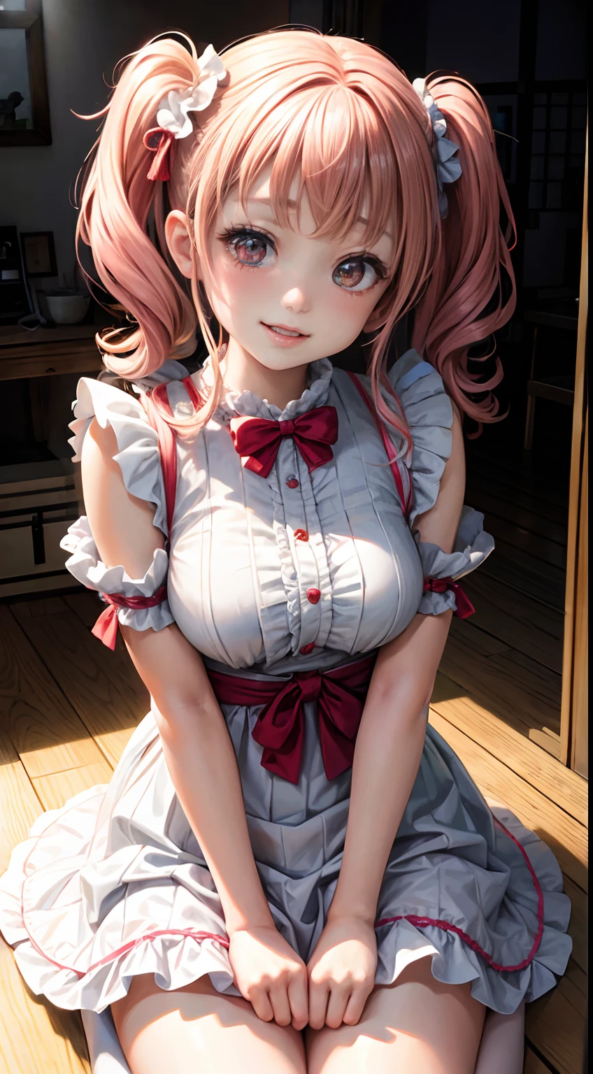 4k, twin tails ,Lens flare, pink hair ,mascara, eyeliner, god rays, 4k, 8k, best quality, masterpiece, hyper detailed, intricate detail, 1girl, solo, detailed, Detailed fuschia hair ++, detailed pink eyes ++, large breasts, raytracing, perfect shadow, highres, enhanced eyes,  huge breasts,  field, kawaii, flowers, white lolita dress, thigh highs, horns, sweet, flower field, perfect eyes