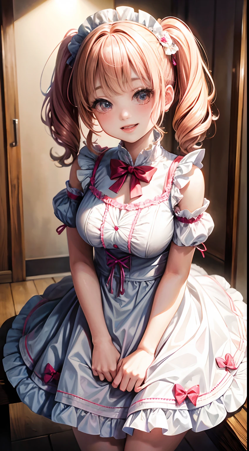 14years, Adorable, Japan Girl, 14years,Smile,Curtsey, (frilled white dress:1.2) , hair scrunchie, Twin-tailed , (High color saturation,catchlight:1.0), (highlydetailed skin), (Best Quality:1.0), (超A high resolution:1.0) ,(photographrealistic:1.0), (ultra-detailliert:1.0), (8K, Raw photo:1.1), ( downbrouse:1.0),(See-through)
