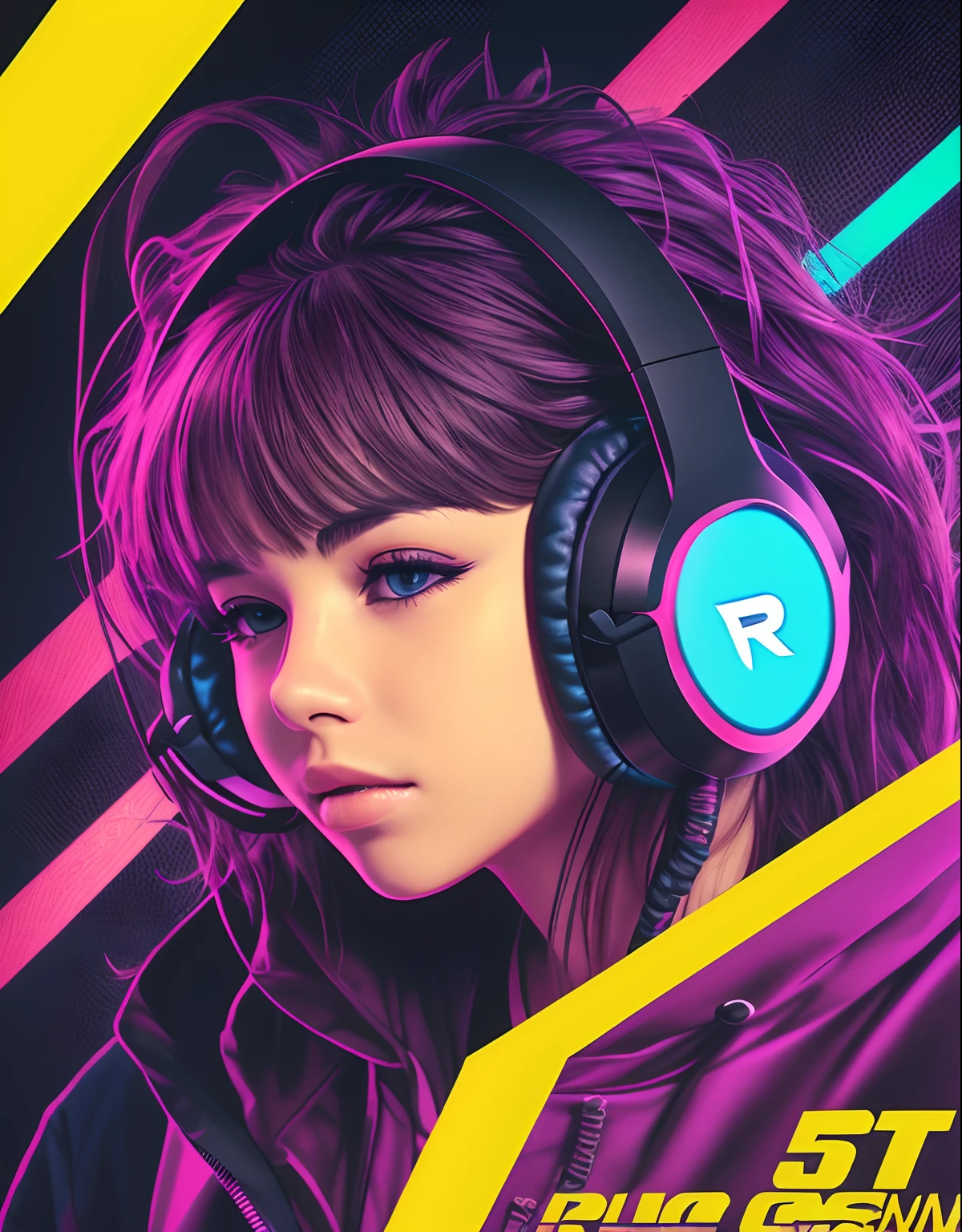 RAW, 500R, (masterpiece), best quality, explosion of colors, deep black background, young 1boy logo with gaming headset, vibrant style, high contrast, sharp details, accentuation in "young logo", emphasizing the design of the headset, professionalism, modern and cool appearance, neon effect.