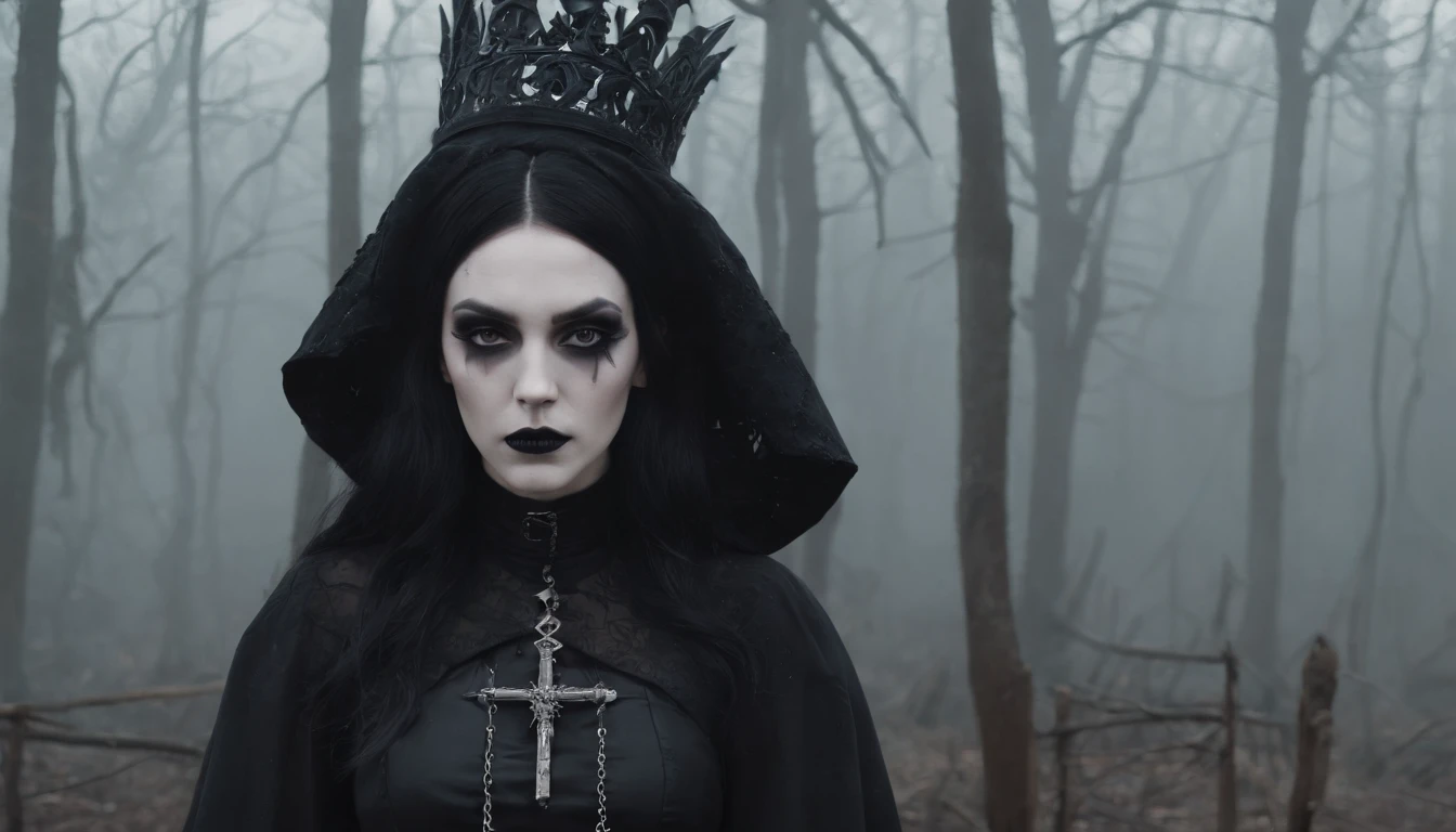Goth girl with goth make-up in a creepy foggy marsh, witch aesthetic, the Blair witch project, wiccan aesthetic, dark atmosphere, ominous atmosphere, ultra detailed, masterpiece.