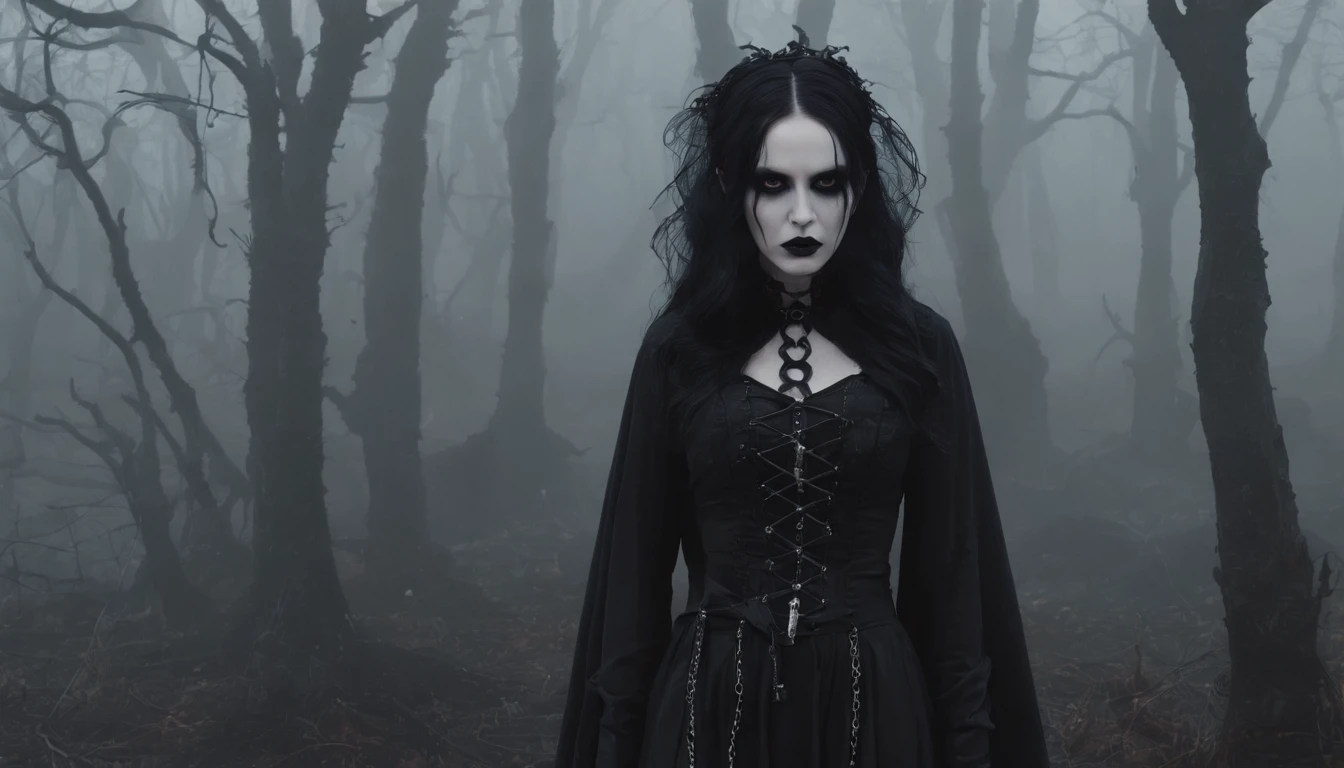 Goth girl with goth make-up in a creepy foggy marsh, witch aesthetic, the Blair witch project, wiccan aesthetic, dark atmosphere, ominous atmosphere, ultra detailed, masterpiece.