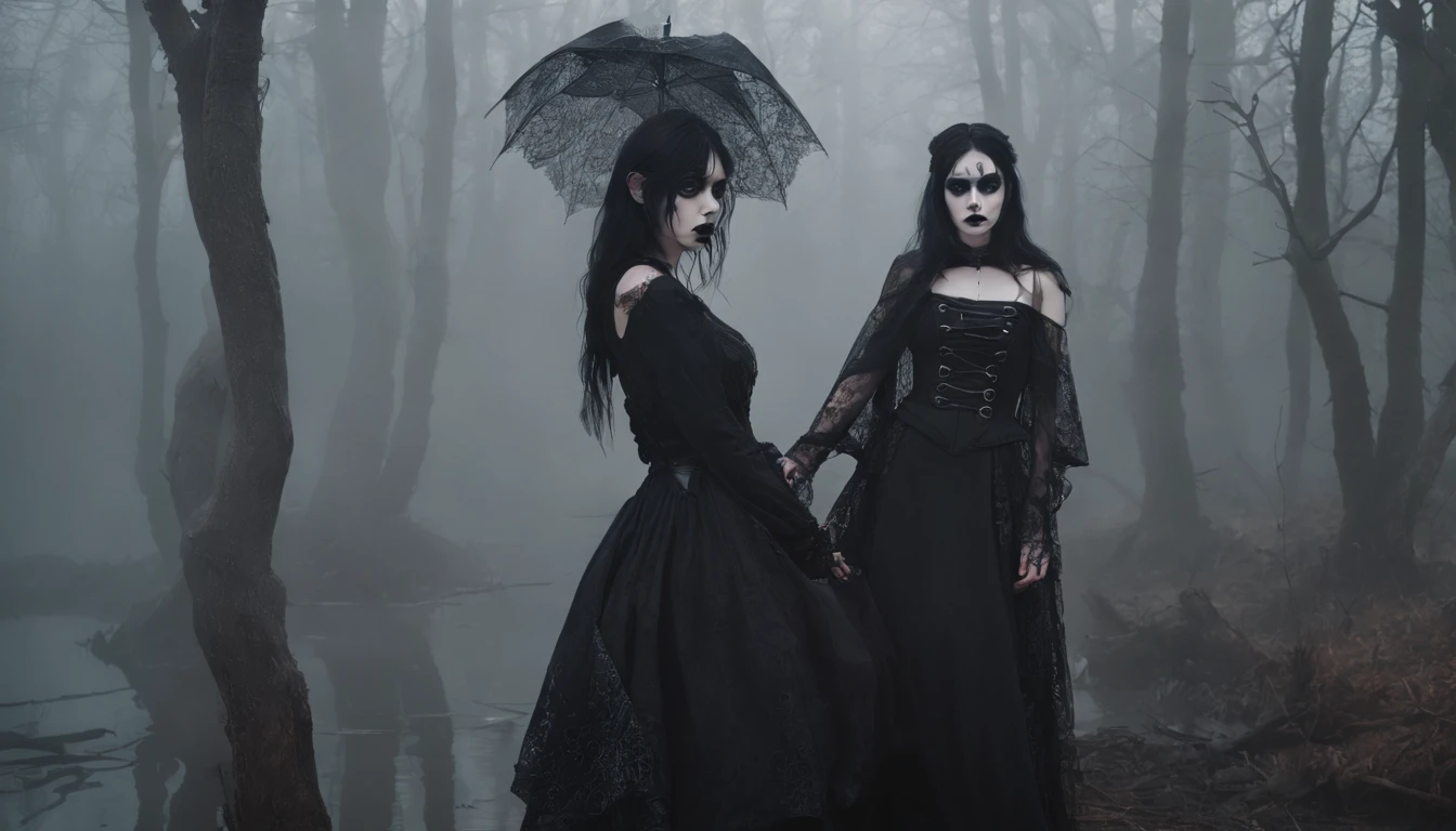 Goth girl with goth make-up in a creepy foggy marsh, witch aesthetic, the Blair witch project, wiccan aesthetic, dark atmosphere, ominous atmosphere, ultra detailed, masterpiece.