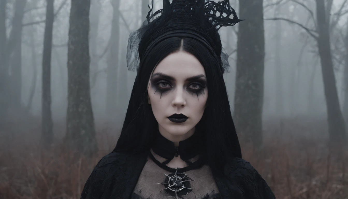 Goth girl with goth make-up in a creepy foggy marsh, witch aesthetic, the Blair witch project, wiccan aesthetic, dark atmosphere, ominous atmosphere, ultra detailed, masterpiece.