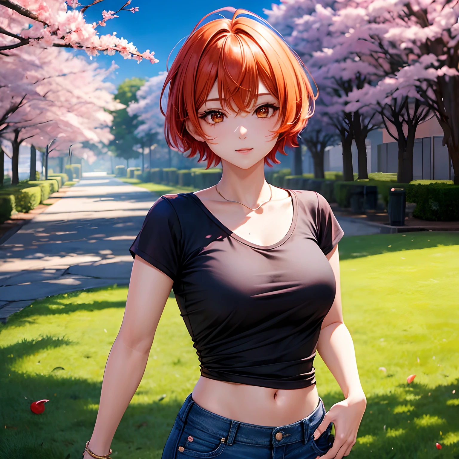 beautiful young woman, anime style, detailed face, red hair, red eyes, delicate features, soft lighting, wearing a tank top, shorts, standing outside in a summer setting, vibrant greenery, clear blue sky, flowers in bloom, relaxed expression, dynamic pose, Japanese anime style, high quality, highly detailed, 8k resolution, cinematic lighting, best quality, vibrant colors, Instagrammable, aesthetic, trendy