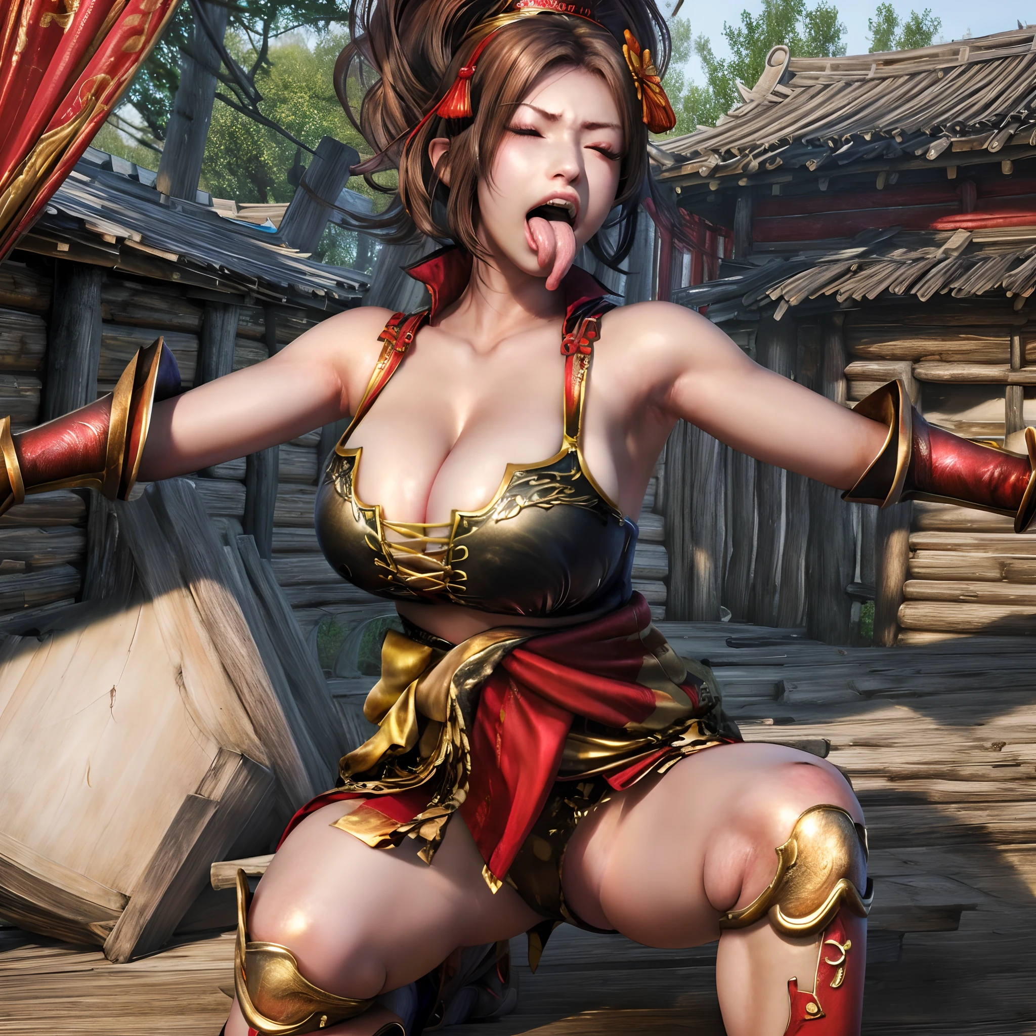 (masutepiece, Best Quality, 32K HDR, High resolution), Light blush, Detailed pupils, (squat down:1.1, Exposed shaved armpits:1.4, yawn and closed eyes:1.25, Tongue out:1.4, long tongue:1.4), (Colossal tits:1.3, Huge boobs:1.3, gigantic cleavage breasts:1.3, Huge breasts:1.3, Exposed  ), Beautiful woman girl, (Skin Dentation:1.2), Shiny skin, (Photorealistic:1.1), Abandoned cabins in China, Detailed face, Detailed skin texture, Detailed eyes,