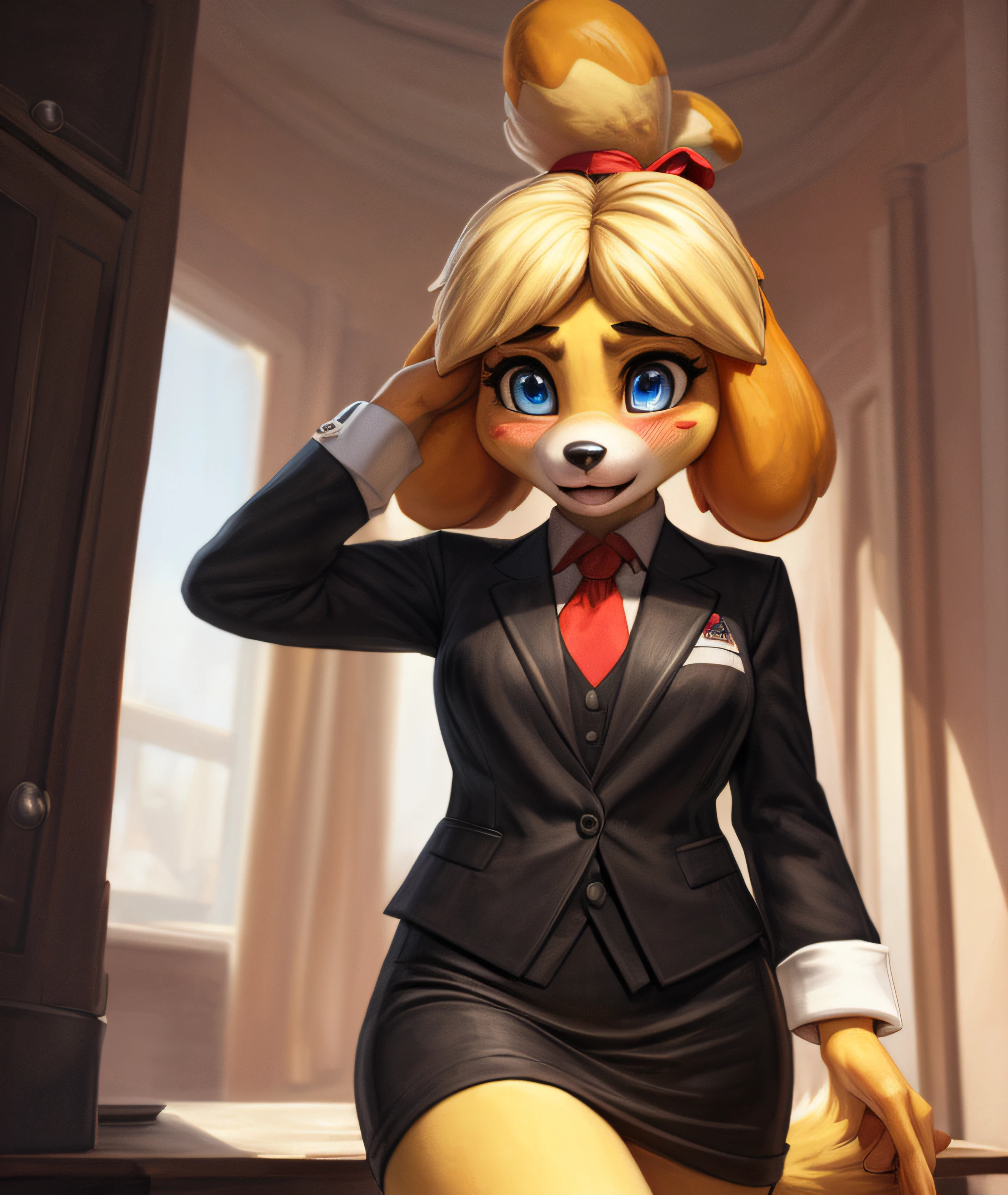 [isaCrossing], [Isabelle; Animal Crossing], [Uploaded to e621.net; (Pixelsketcher), (wamudraws)], ((masterpiece)), ((solo portrait)), ((front view)), ((feet visible)), ((furry; anthro)), ((detailed fur)), ((detailed shading)), ((beautiful render art)), {anthro; yellow fur, black nose, small brown eyebrows, cute surprised blue eyes, surprised, (blushing), blonde hair, (bells in hair), topknot, fluffy tail, (beautiful feet)}, {(red ribbon), skirt suit, suit and tie, ((three-piece suit)), necktie, waistcoat, blazer, bodycon skirt,