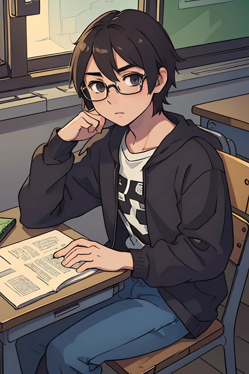 (1male), A high resolution, Sharp focus, Pixiv masterpiece, ((Complicated details)) ,highly detailed, Dark hair, clasroom, sitting in student dest, glasses, doing homework, looking at viewer, baggy Minecraft shirt