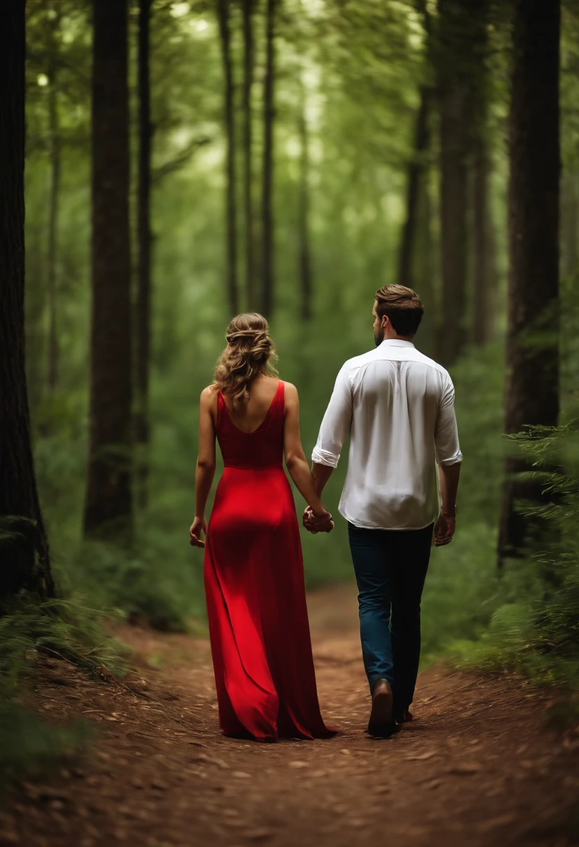 a woman in a red dress, walking holding the hands of a man, in the forest