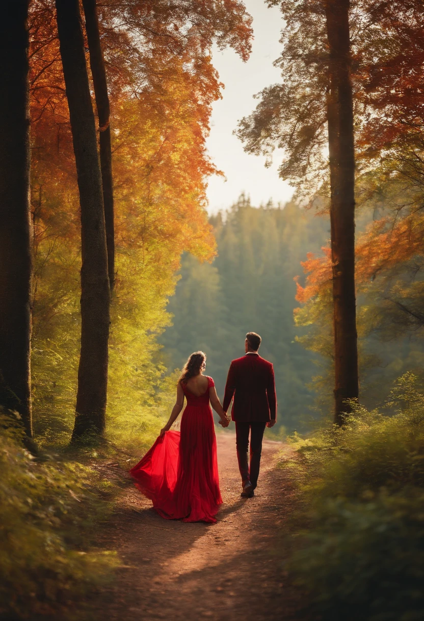 a woman in a red dress, walking holding the hands of a man, in the forest