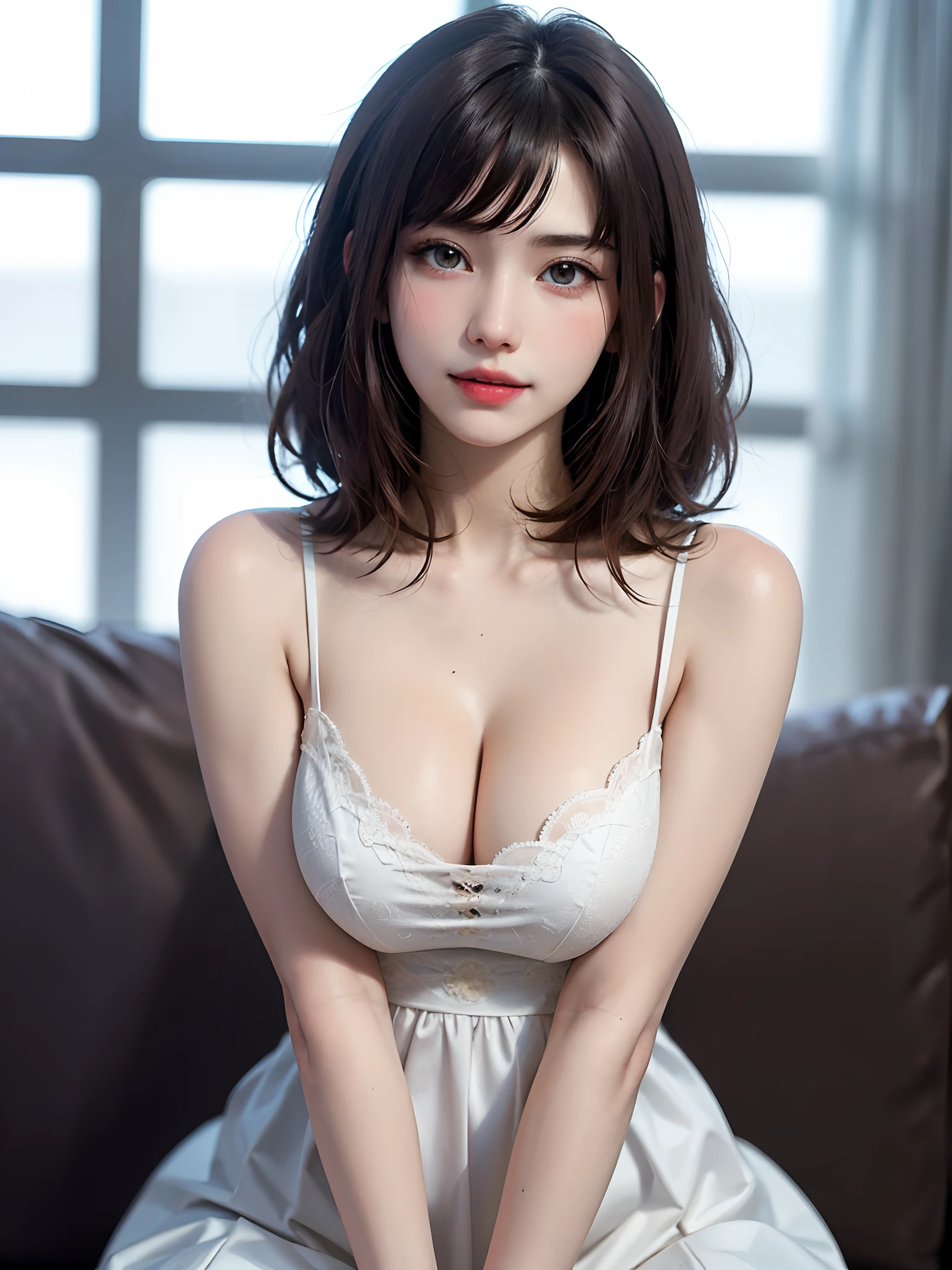((masutepiece)), (Best Quality), (Detailed), (1girl in), (Internal Data Stream) ,(A very beautiful woman with a very cute smile),(Very beautiful face symmetrical),(A woman full of adult charm who is too beautiful),(Add intense highlights to the eyes),Beautiful shiny gradient hair, Light blue eyes,very shiny beautiful hair with straight bangs,,,,,,Wearing a modern white shirt and black dress, Covered with data particles,Look firmly at the camera、{Gigantic|Big|Huge|Mega} breasts, cleavage